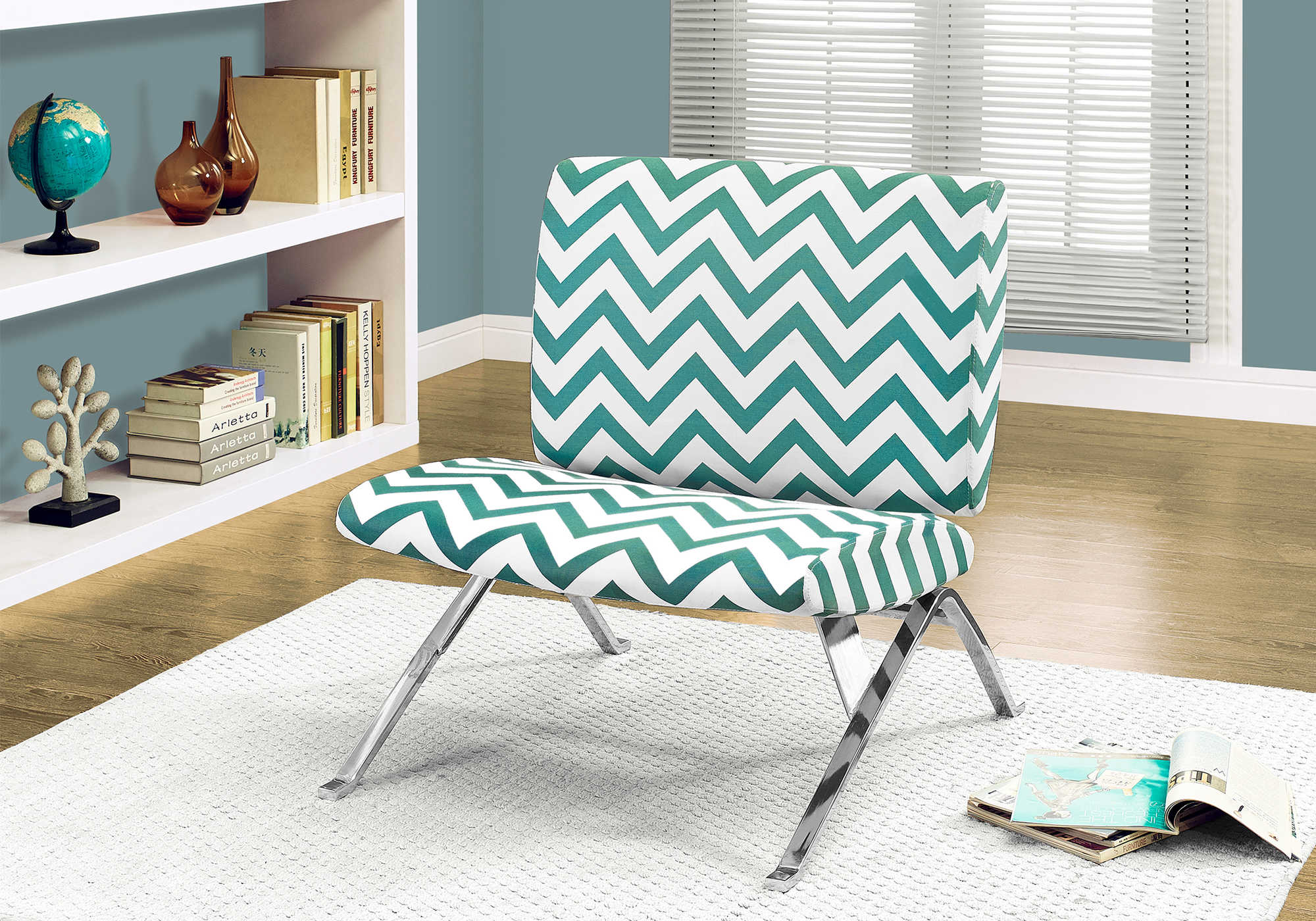 CHAISE D'APPOINT - TISSU " CHEVRON " SARCELLE / CHROME – I 8136