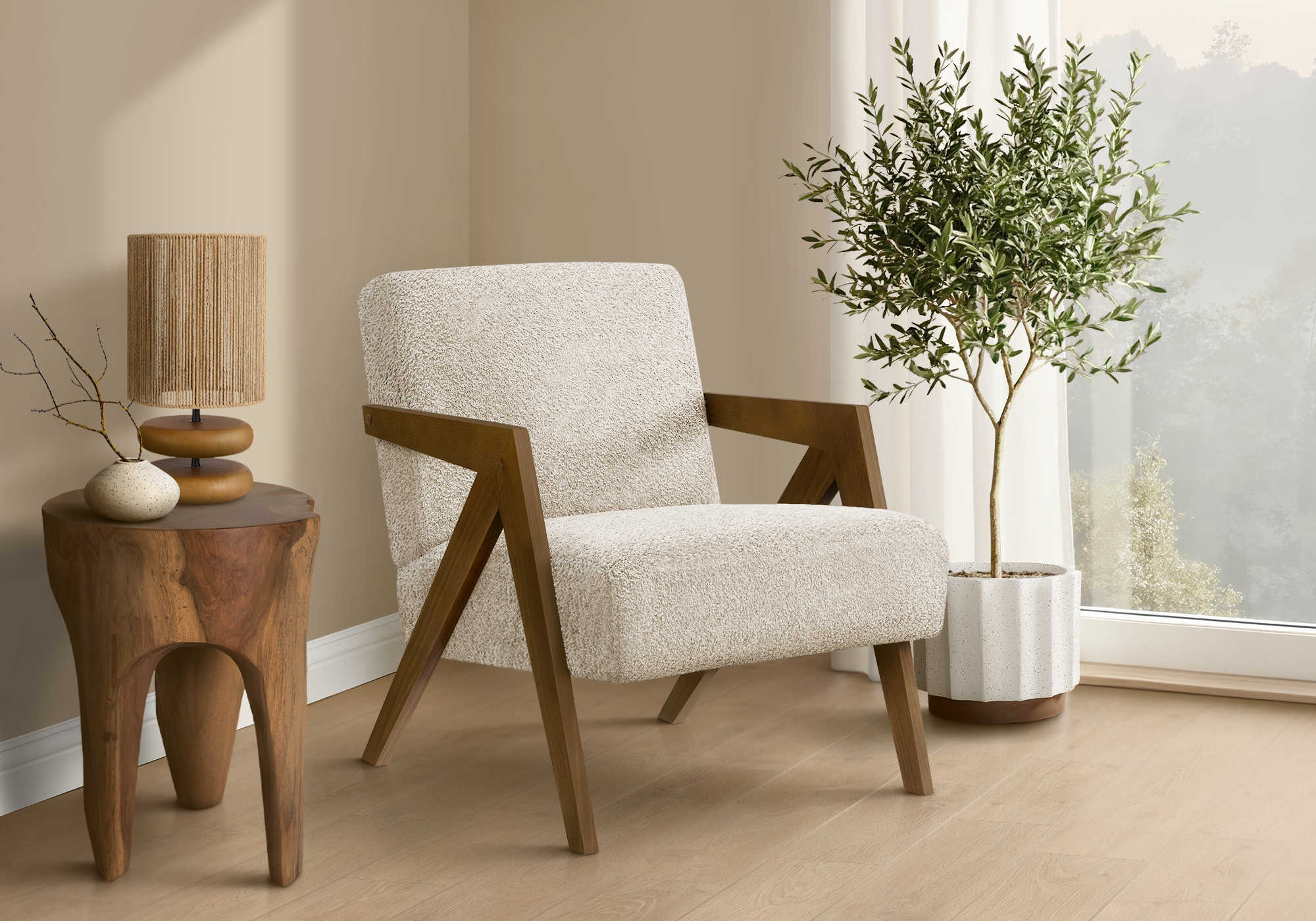 CHAISE D'APPOINT - 30"H / TISSU CREME / BOIS DE NOYER – I 8301