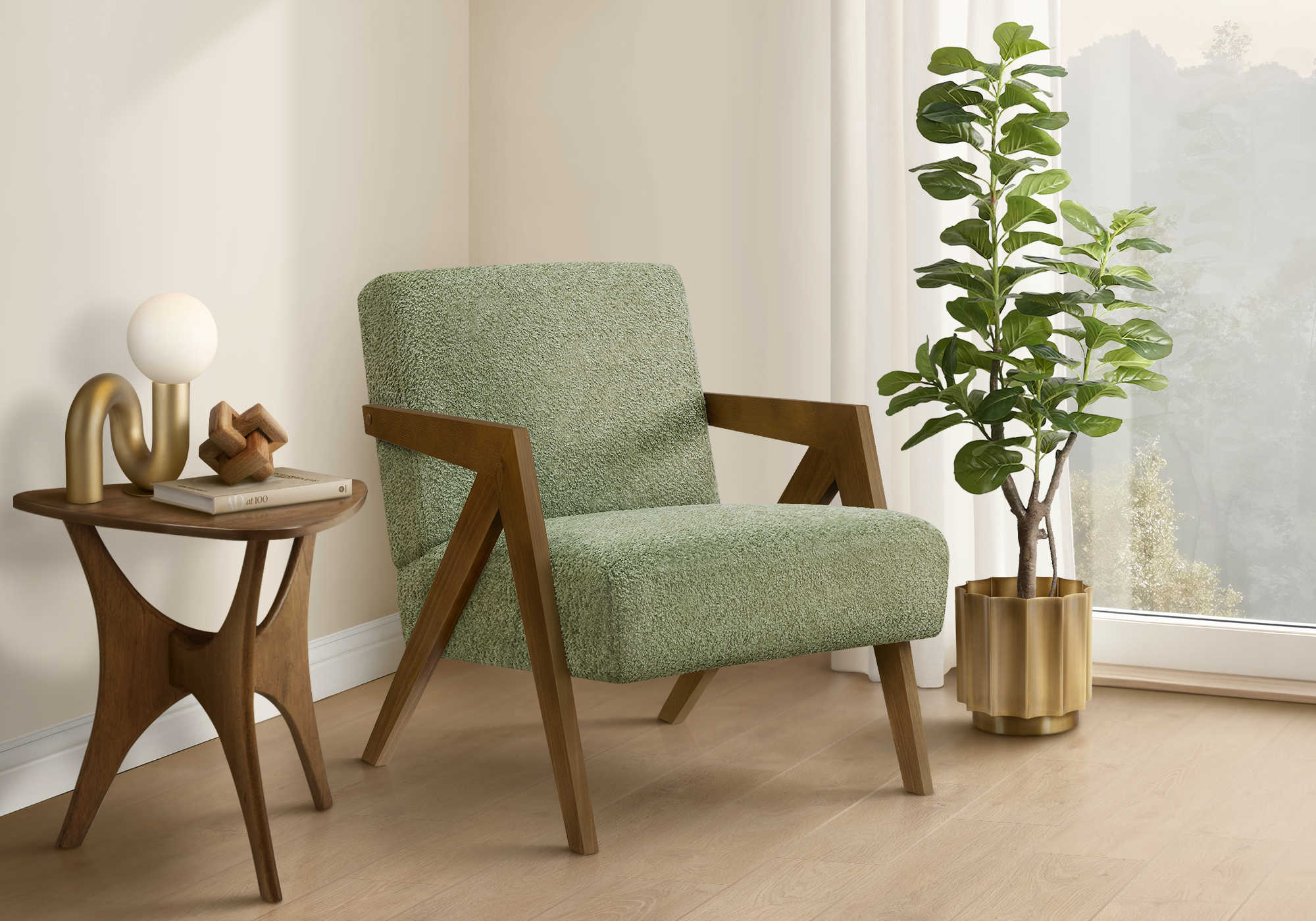 CHAISE D'APPOINT - 30"H / TISSU VERT / BOIS DE NOYER – I 8304
