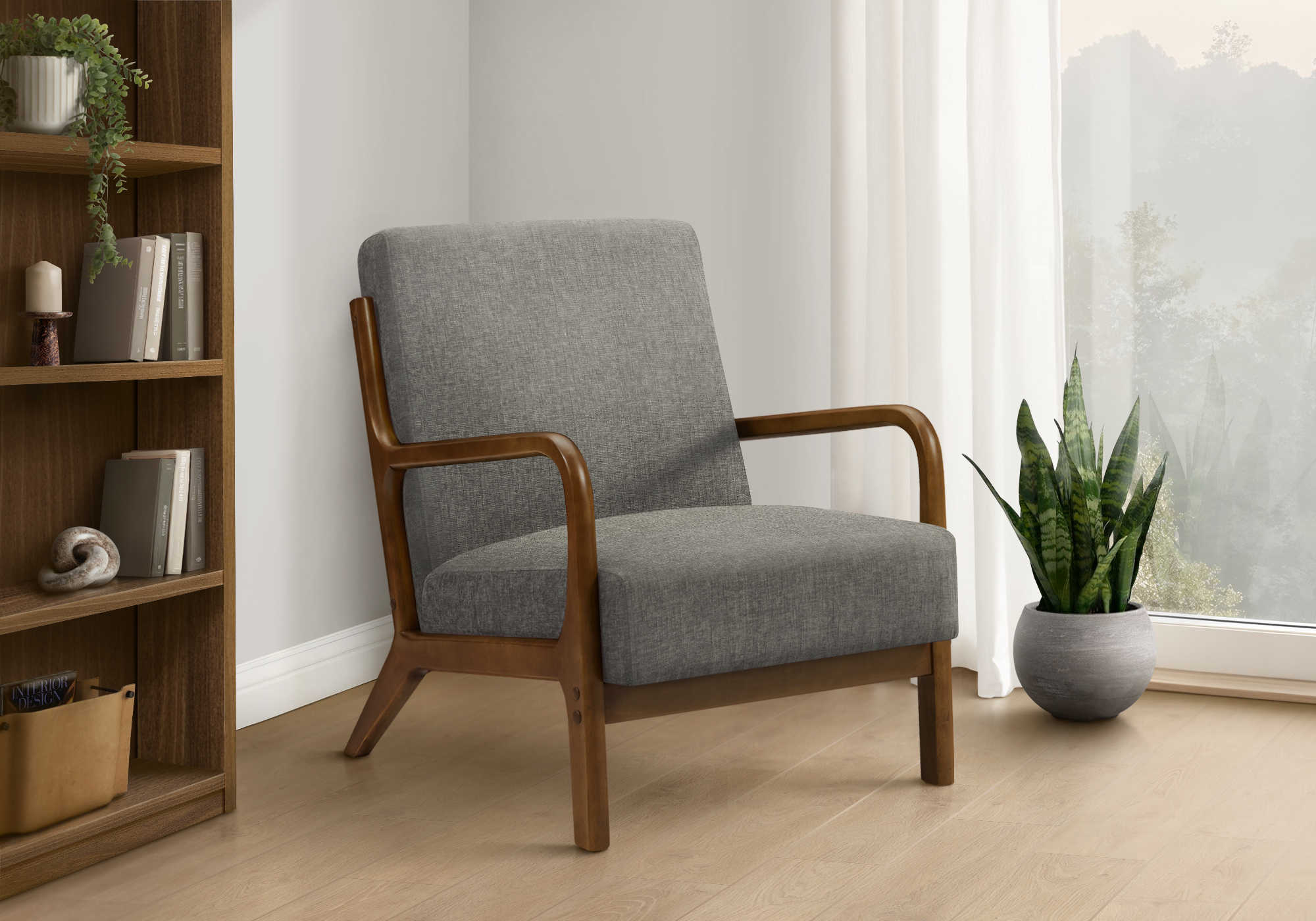 CHAISE D'APPOINT - 34"H / TISSU GRIS / BOIS DE NOYER – I 8330