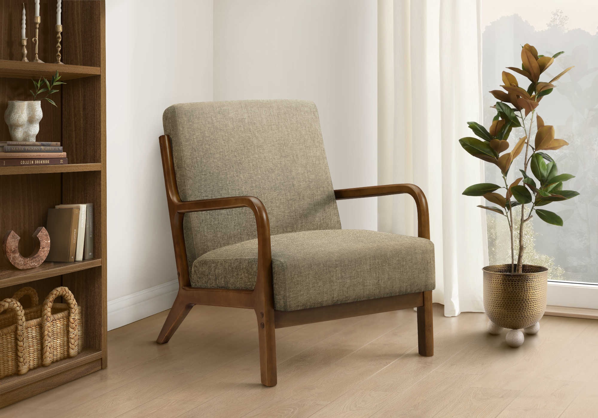 CHAISE D'APPOINT - 34"H / TISSU MARRON CLAIR / BOIS DE NOYER – I 8331