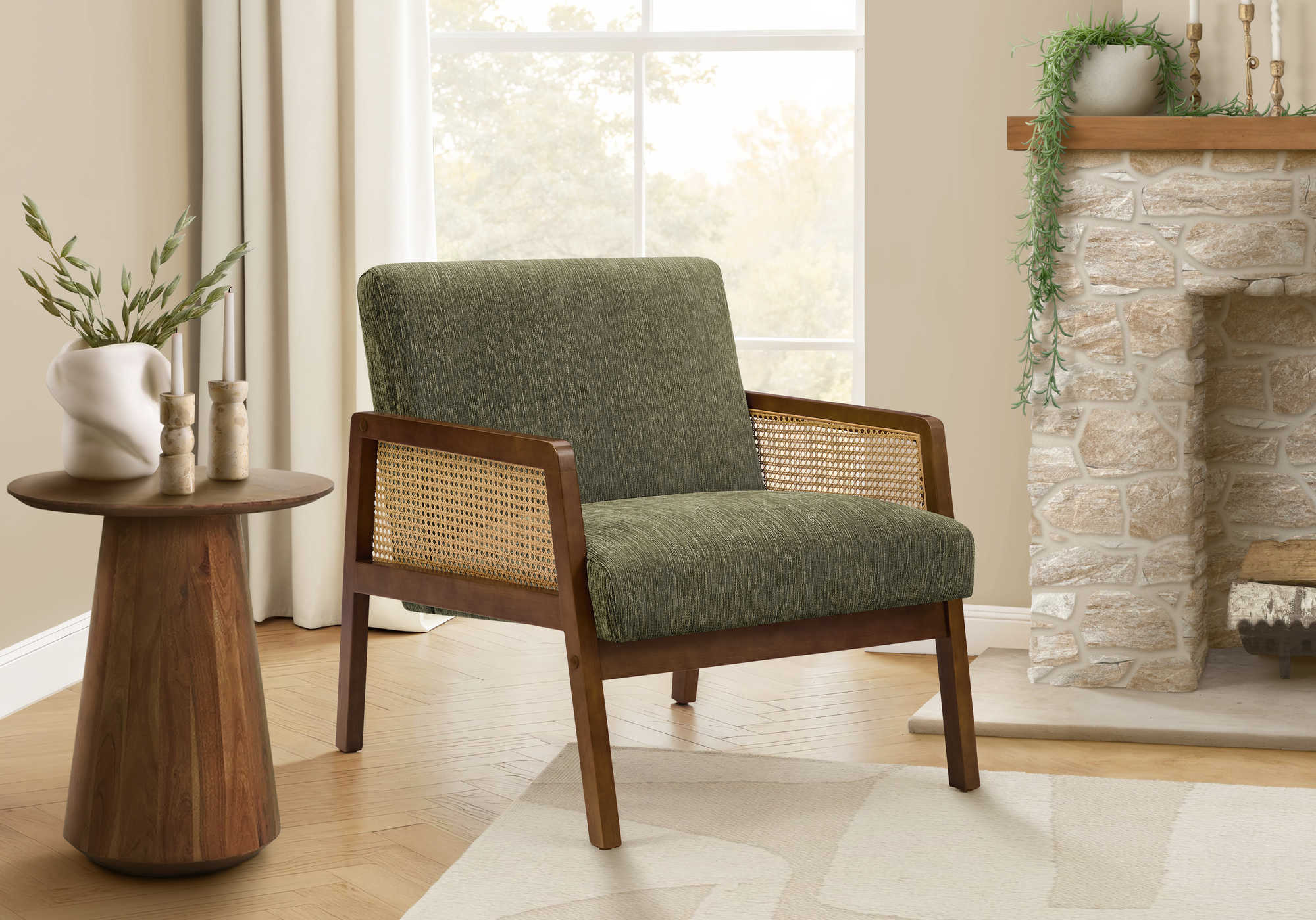 CHAISE D'APPOINT - 30"H / TISSU VERT / BOIS DE NOYER – I 8336