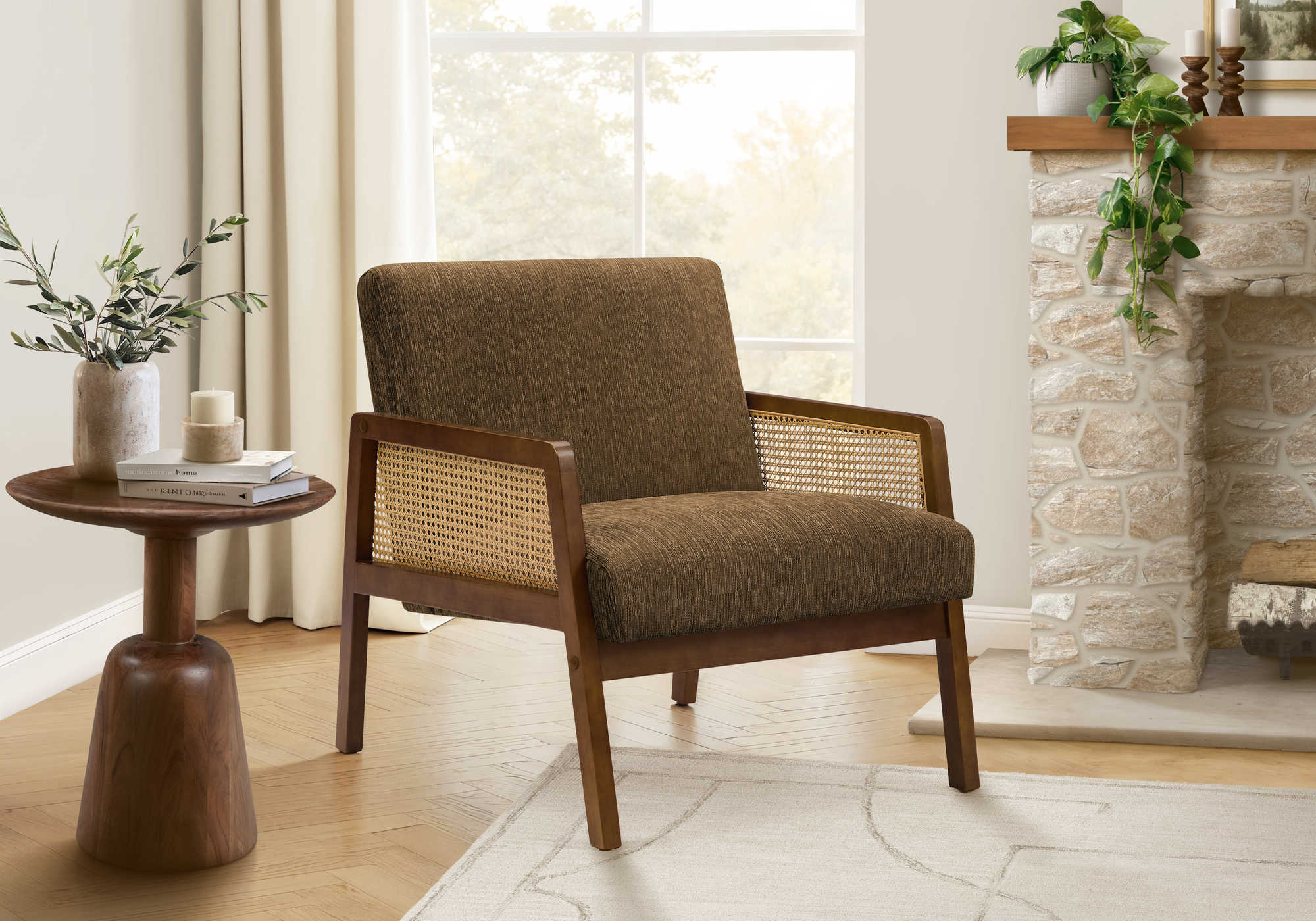 CHAISE D'APPOINT - 30"H / TISSU MARRON / BOIS DE NOYER – I 8337