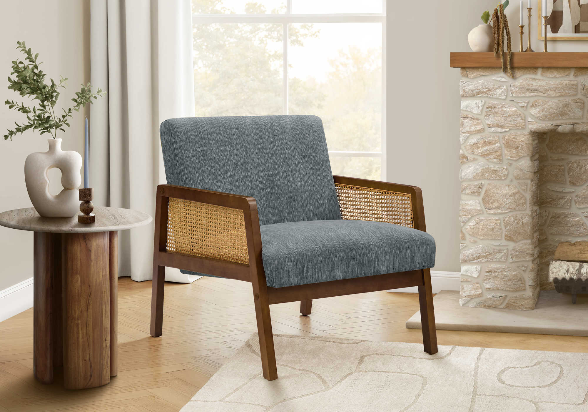 CHAISE D'APPOINT - 30"H / TISSU BLEU / BOIS DE NOYER – I 8339