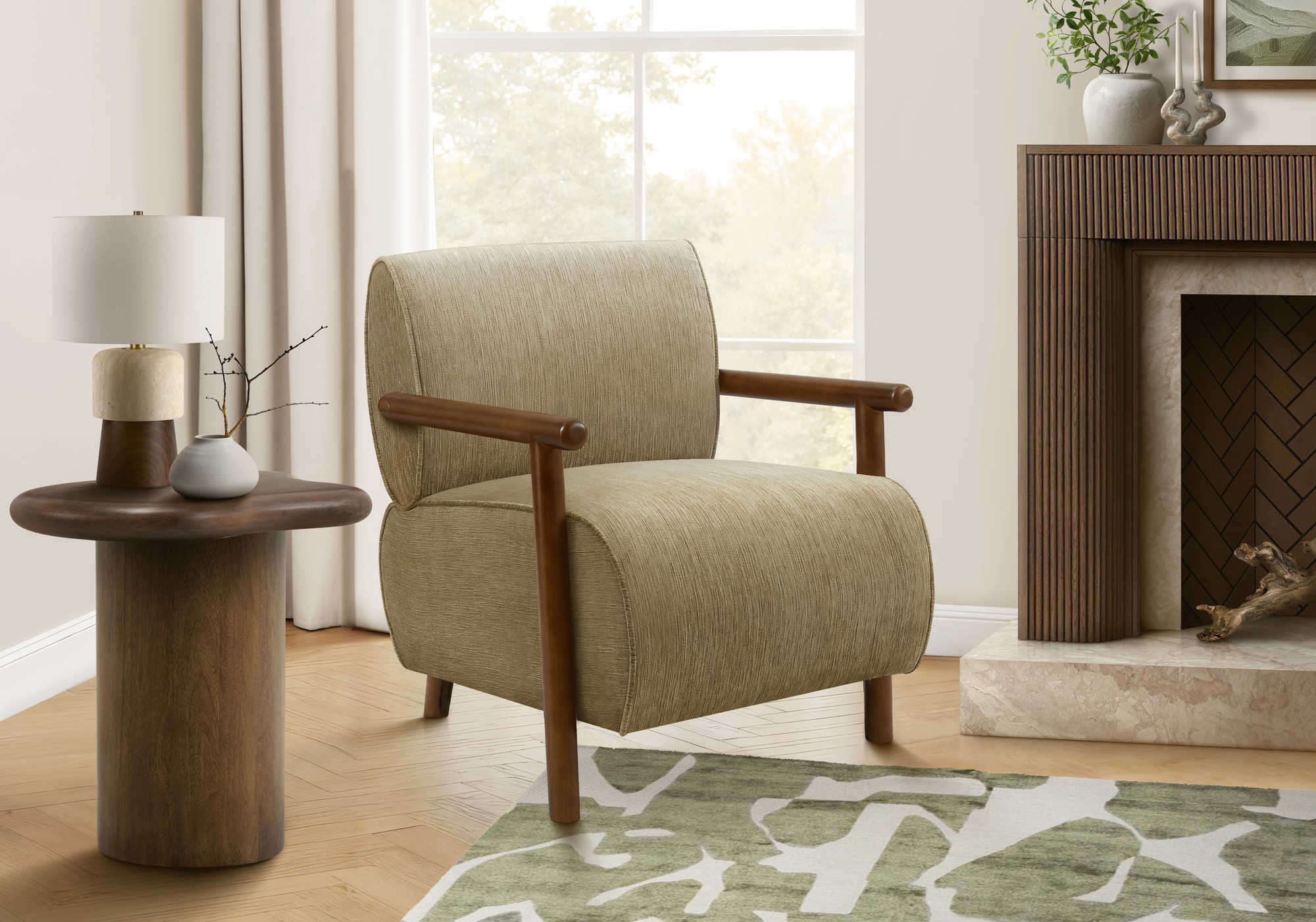 CHAISE D'APPOINT - 31"H / TISSU MARRON CLAIR / BOIS DE NOYER – I 8340