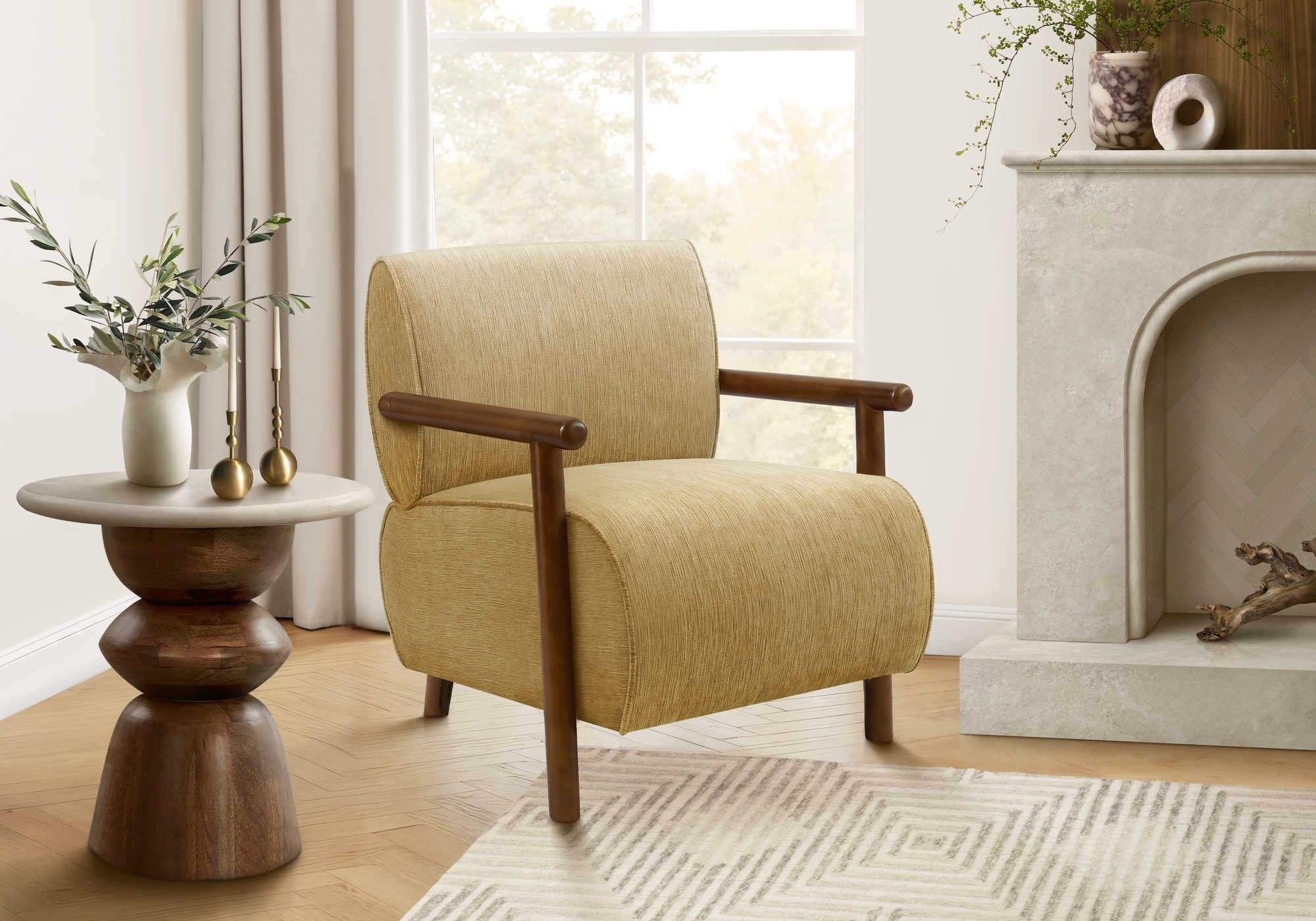 CHAISE D'APPOINT - 31"H / TISSU OR CLAIR / BOIS DE NOYER – I 8342