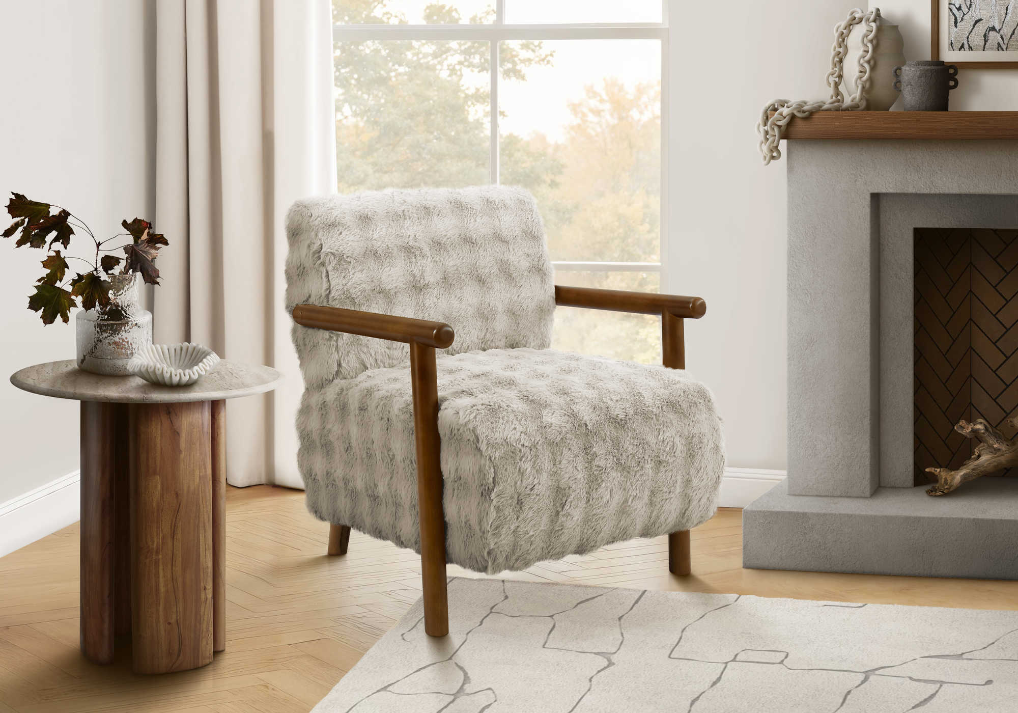 CHAISE D'APPOINT - 31"H / FAUX FOURRURE GRIS / BOIS DE NOYER – I 8344