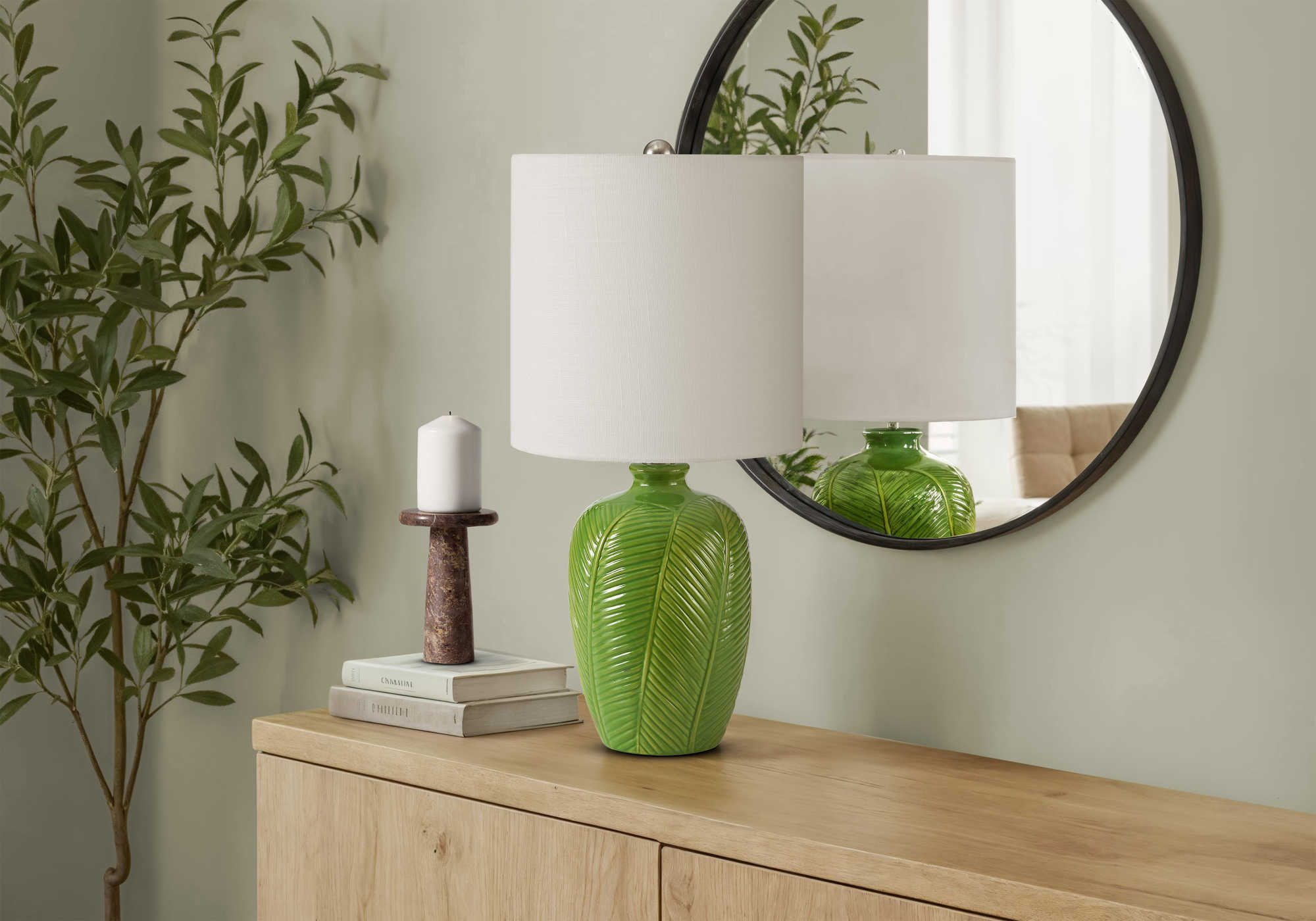 LUMINAIRE - 19"H LAMPE DE TABLE VERT CERAMIQUE / BLANC – I 9413