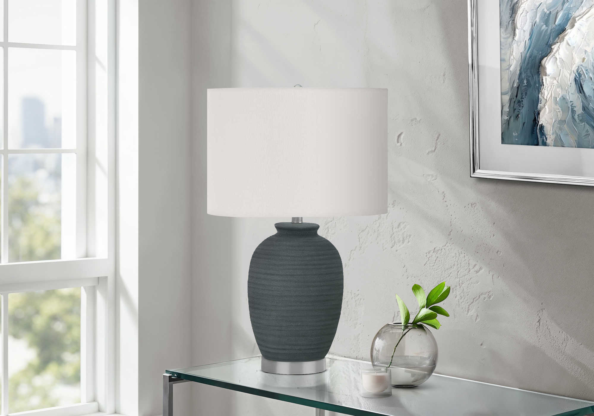 LUMINAIRE - 24"H LAMPE DE TABLE BLEU CERAMIQUE / IVOIRE – I 9622.