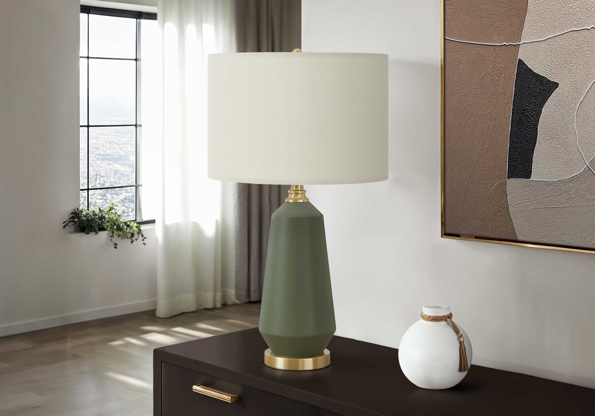 LUMINAIRE - 26"H LAMPE DE TABLE VERT CERAMIQUE / IVOIRE – I 9624.