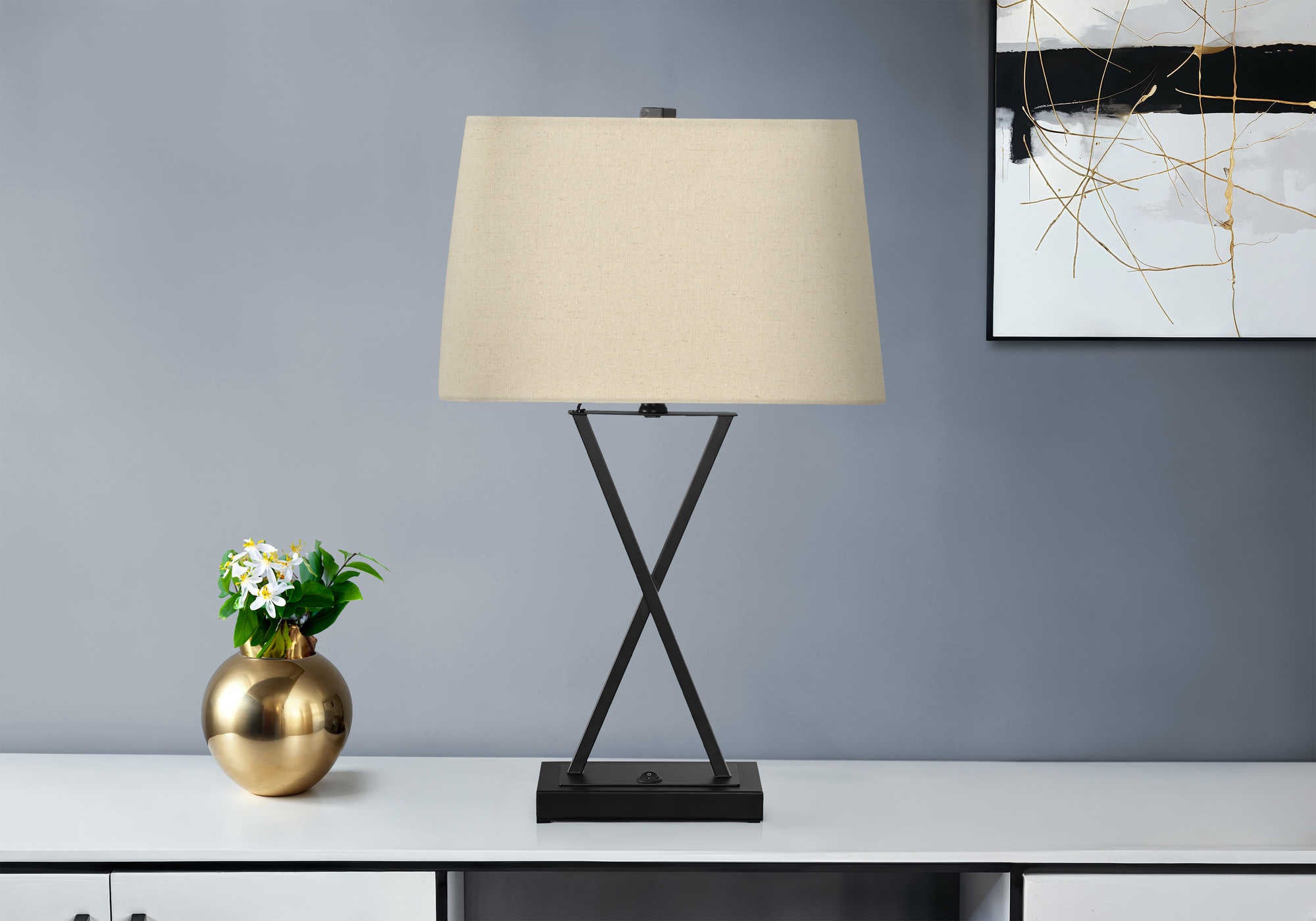 LUMINAIRE - 25"H LAMPE DE TABLE NOIR METAL / BEIGE / USB – I 9638.