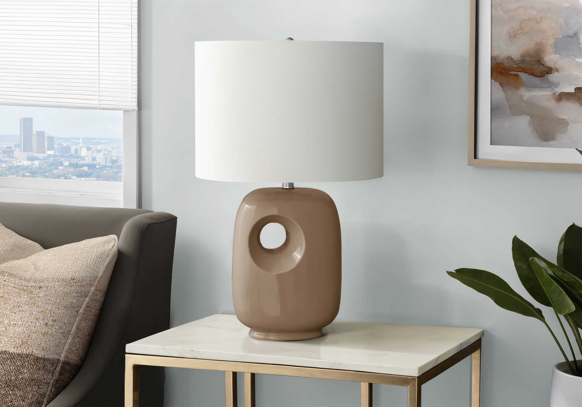 LUMINAIRE - 26"H LAMPE DE TABLE BRUN CERAMIQUE / IVOIRE – I 9676.