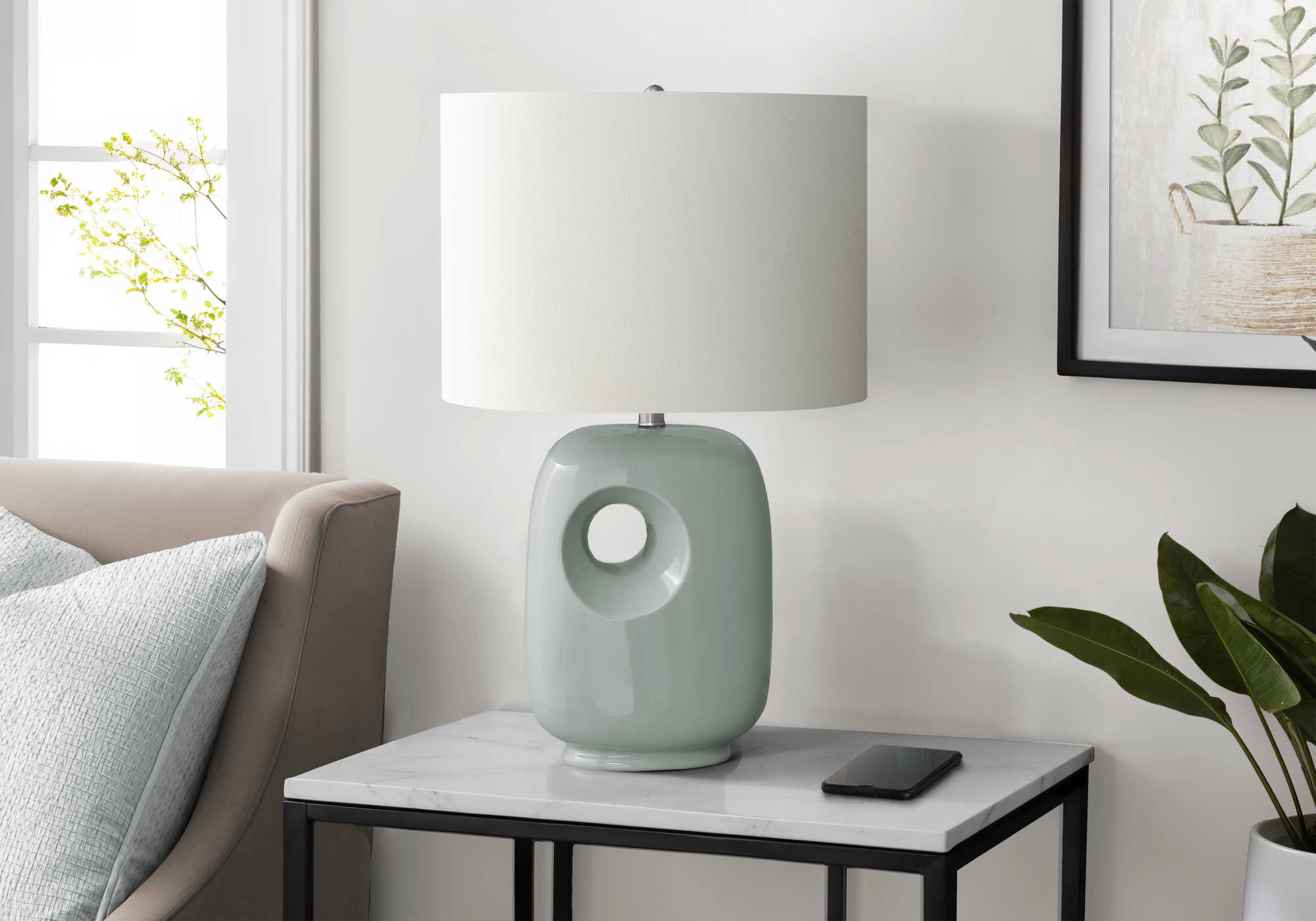 LUMINAIRE - 26"H LAMPE DE TABLE VERT CERAMIQUE / IVOIRE – I 9678.