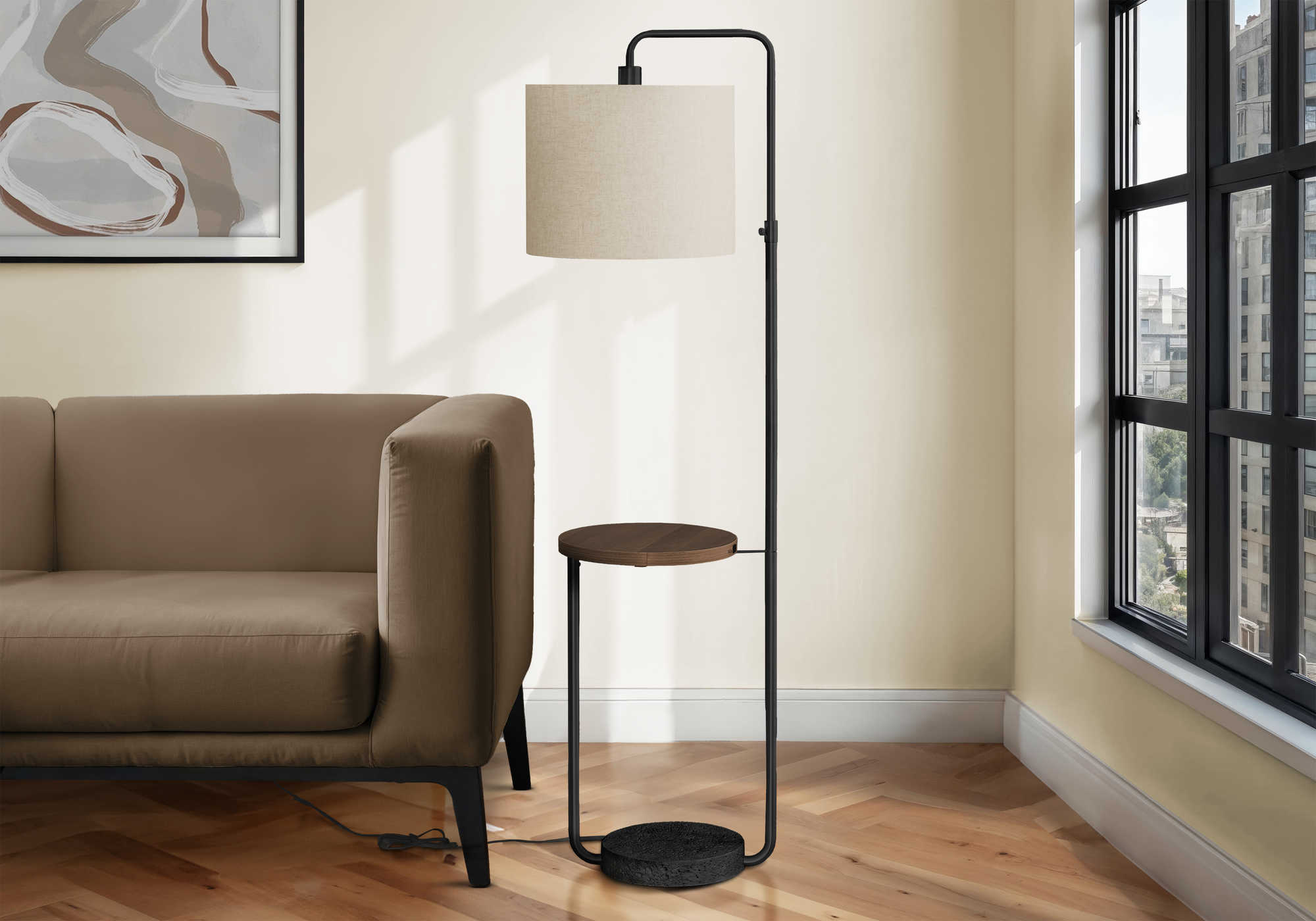 LUMINAIRE - 67"H LAMPE SUR PIED NOIR METAL / BEIGE / USB – I 9753.