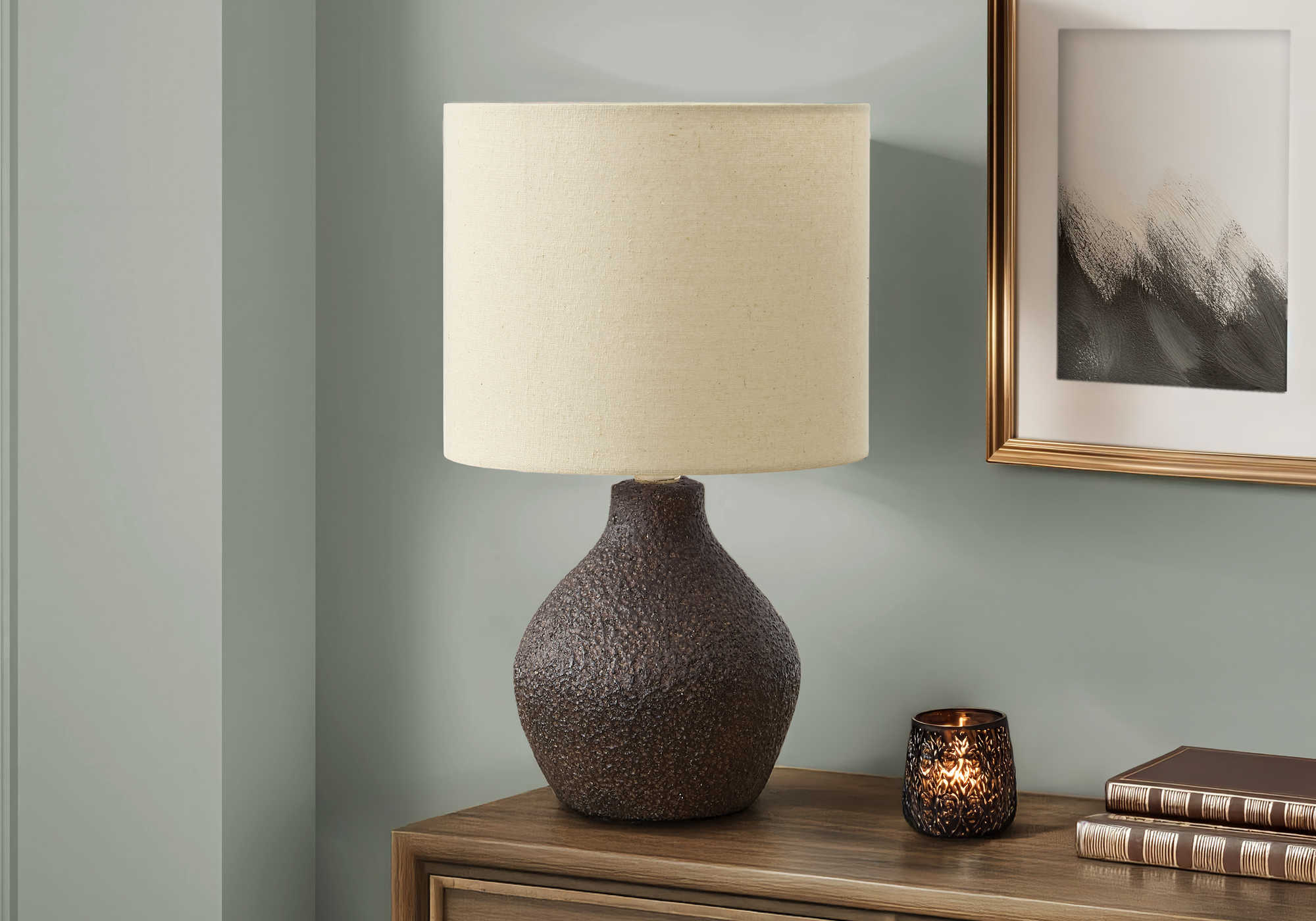 LUMINAIRE - 16"H LAMPE DE TABLE BRUN RESINE / BEIGE – I 9772