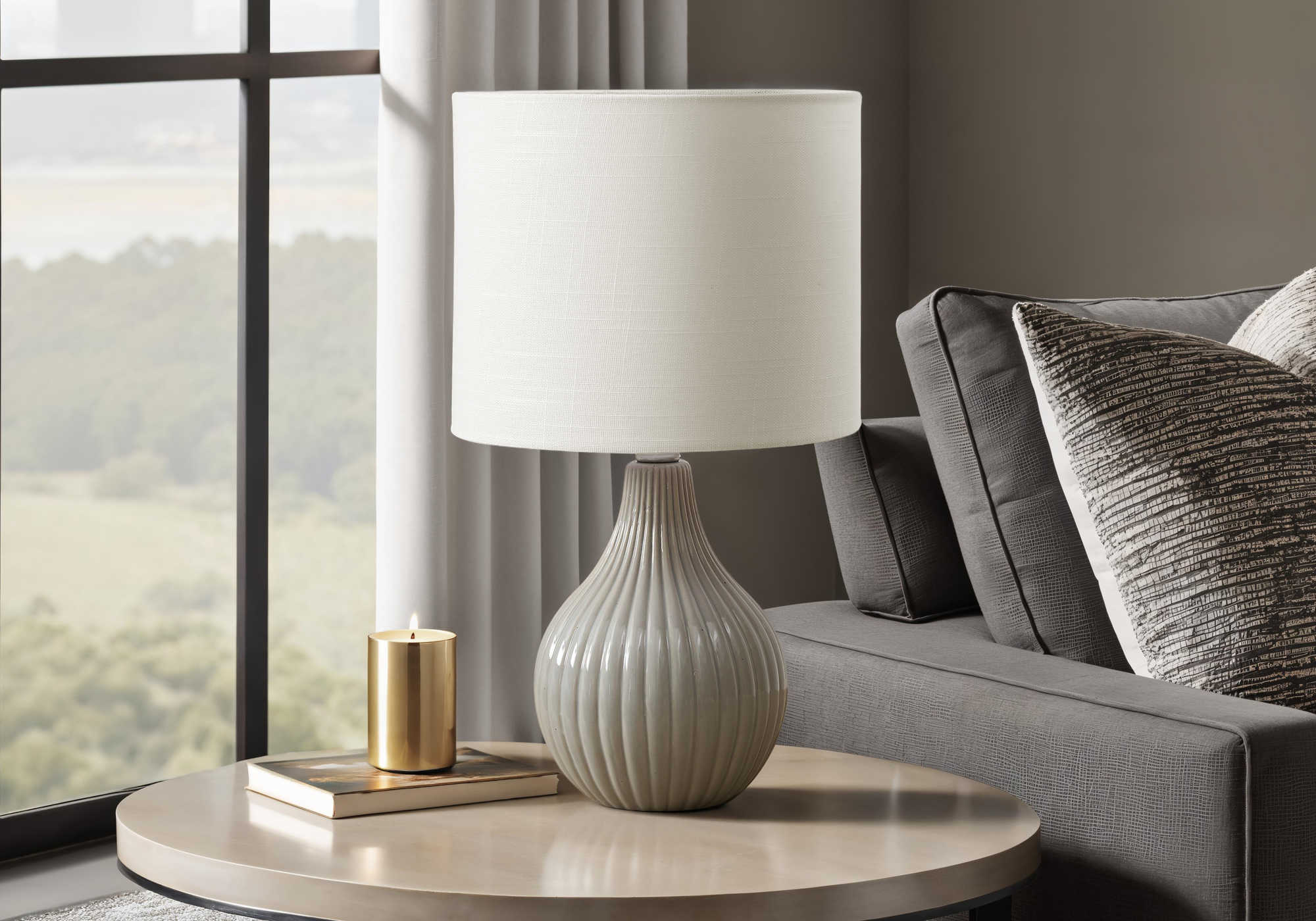 LUMINAIRE - 17"H LAMPE DE TABLE GRIS CERAMIQUE / IVOIRE – I 9774