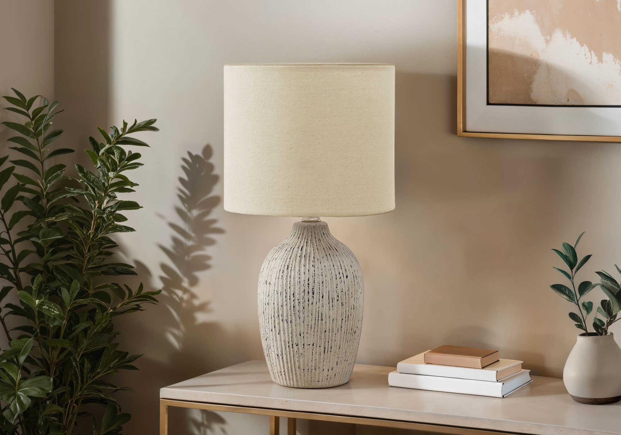 LUMINAIRE - 18"H LAMPE DE TABLE BEIGE CERAMIQUE / BEIGE – I 9783
