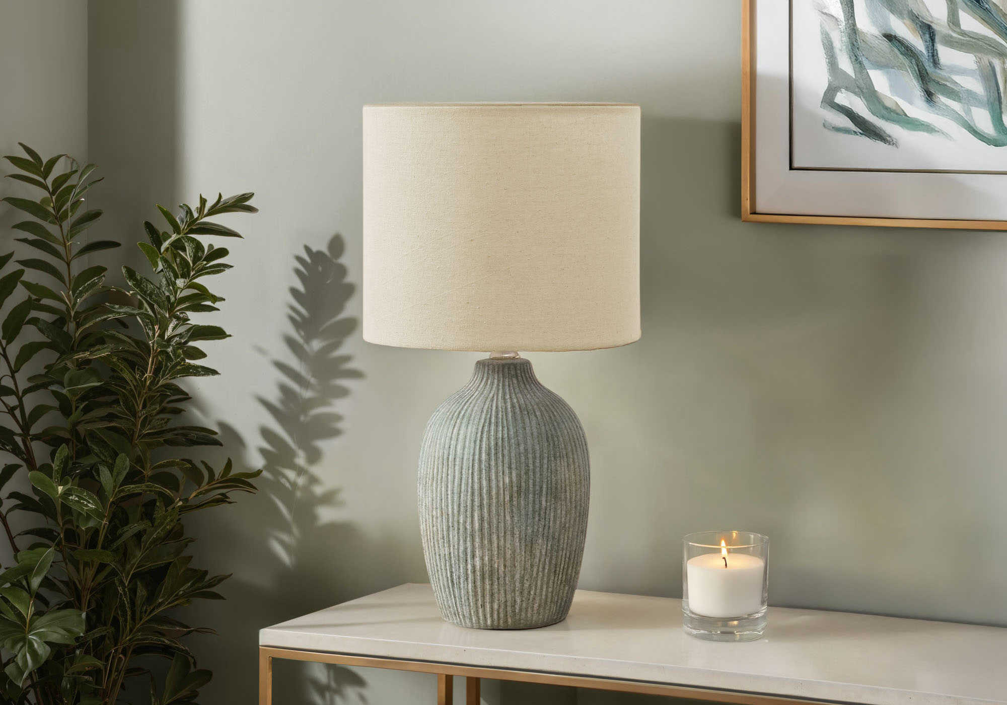 LUMINAIRE - 18"H LAMPE DE TABLE VERT CERAMIQUE / BEIGE – I 9784