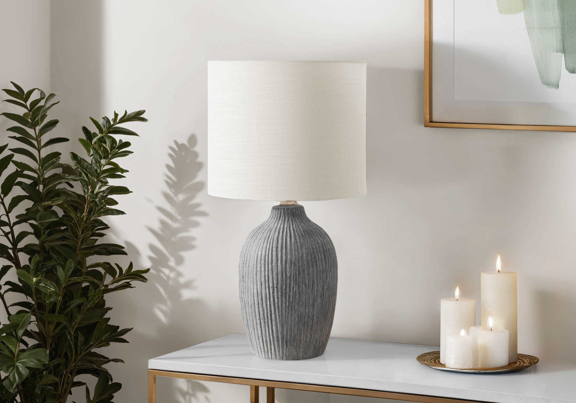LUMINAIRE - 18"H LAMPE DE TABLE GRIS CERAMIQUE / IVOIRE – I 9785