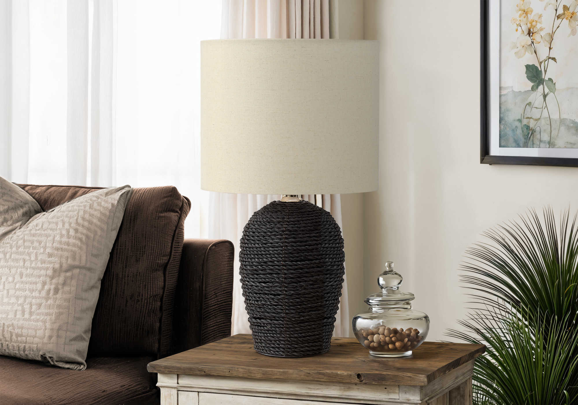 LUMINAIRE - 17"H LAMPE DE TABLE NOIR ROTIN / BEIGE – I 9853