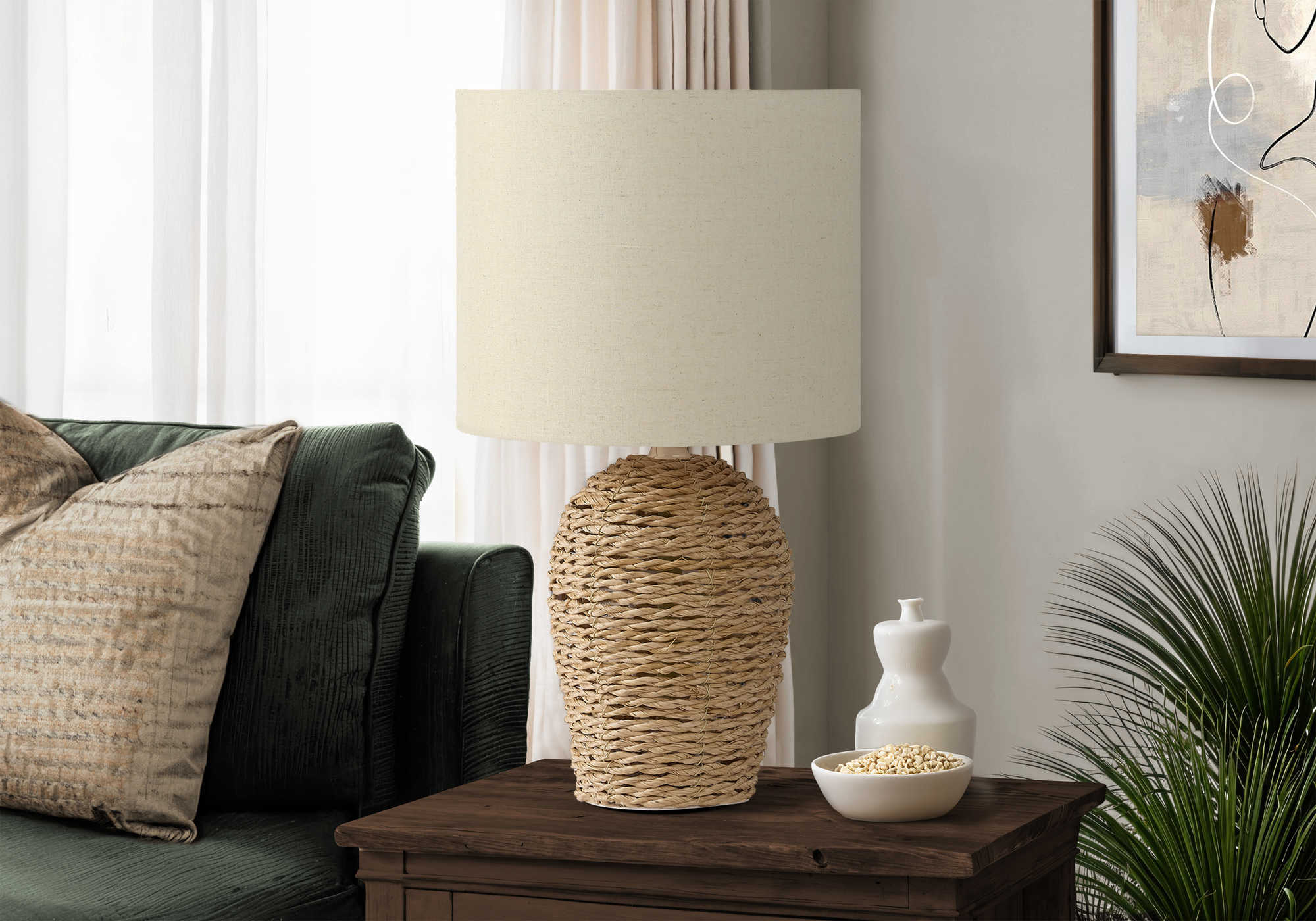 LUMINAIRE - 17"H LAMPE DE TABLE NATUREL ROTIN / BEIGE – I 9854