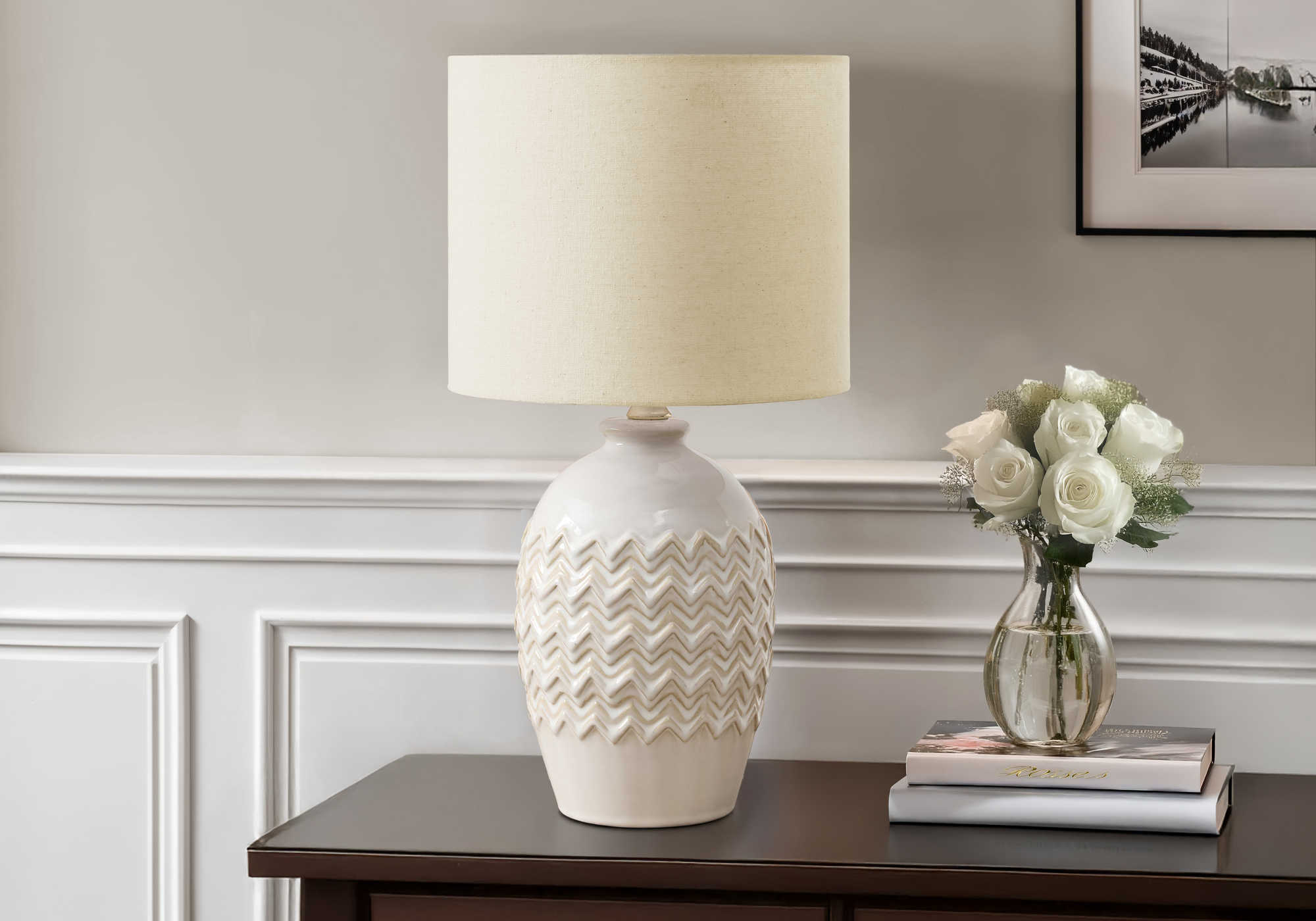 LUMINAIRE - 19"H LAMPE DE TABLE IVOIRE CERAMIQUE / BEIGE – I 9859