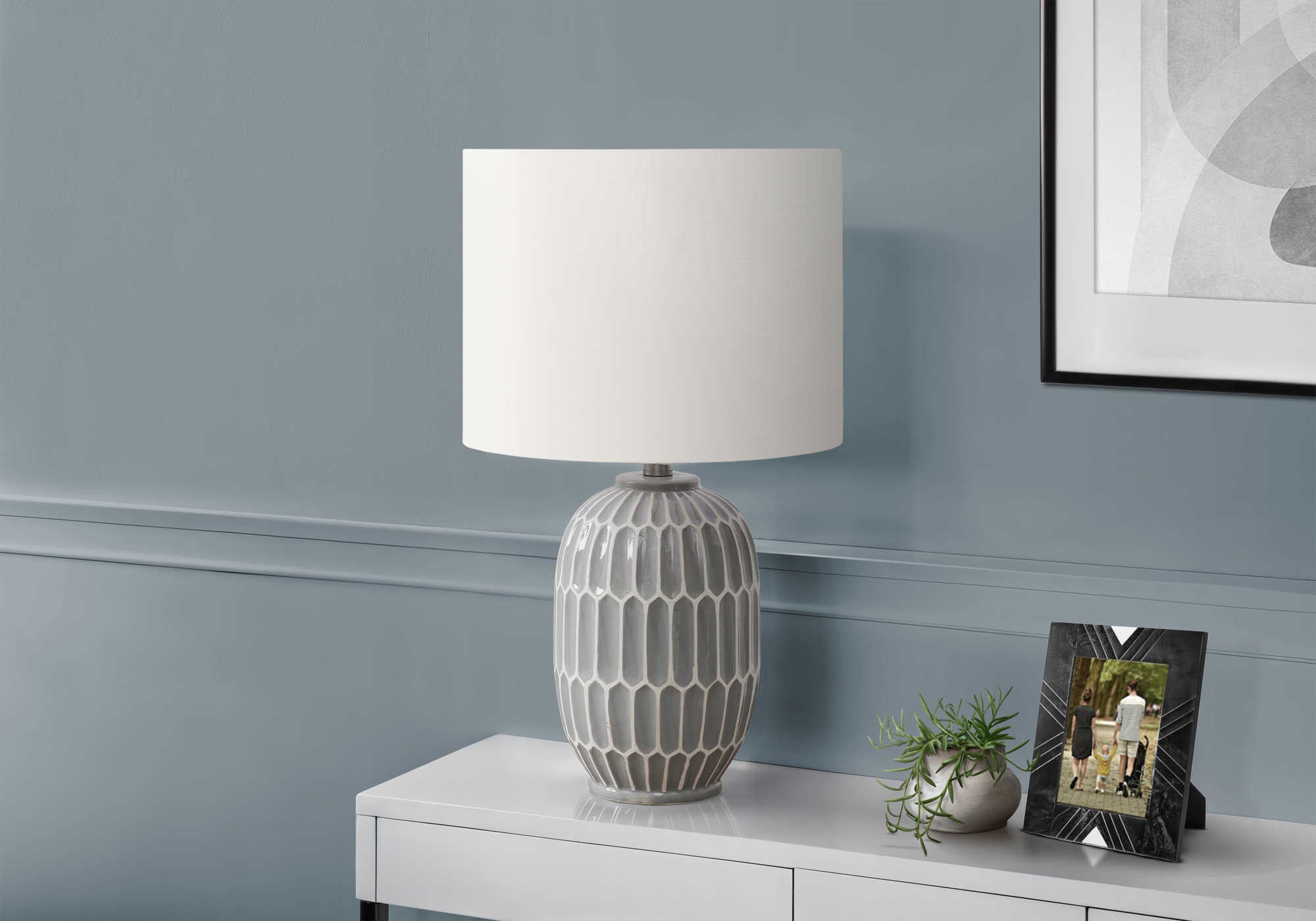 LUMINAIRE - 22"H LAMPE DE TABLE GRIS CERAMIQUE / IVOIRE – I 9878