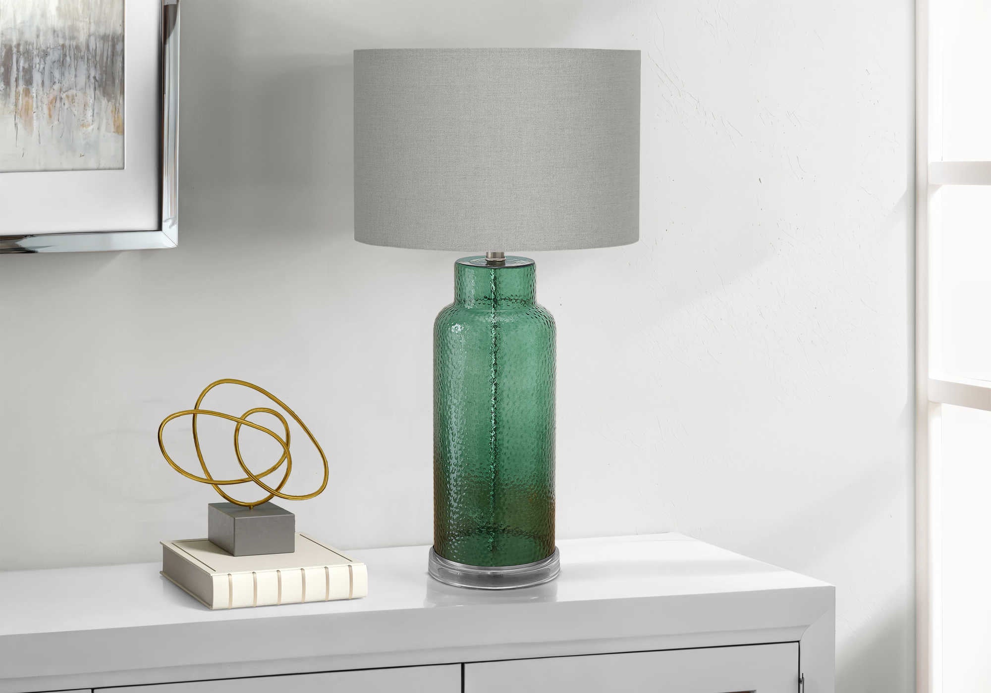 LUMINAIRE - 28"H LAMPE DE TABLE VERT EN VERRE / GRIS – I 9908