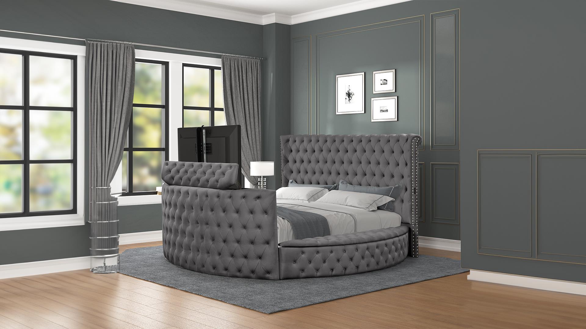 Image of maya bed velvet with tv mount.