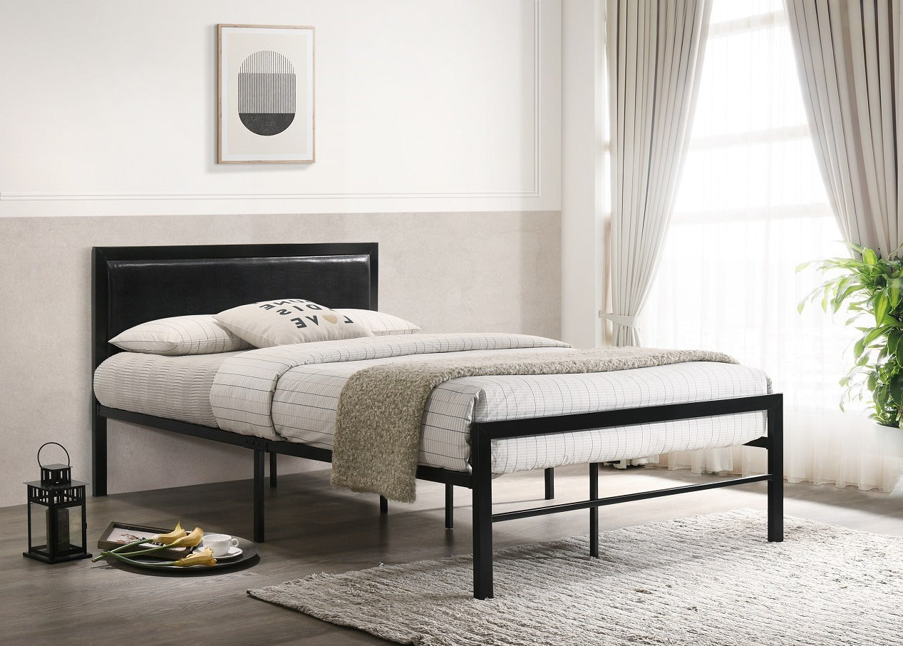Black Metal Platform Bed Frame with Faux Leather Headboard – IF-142B