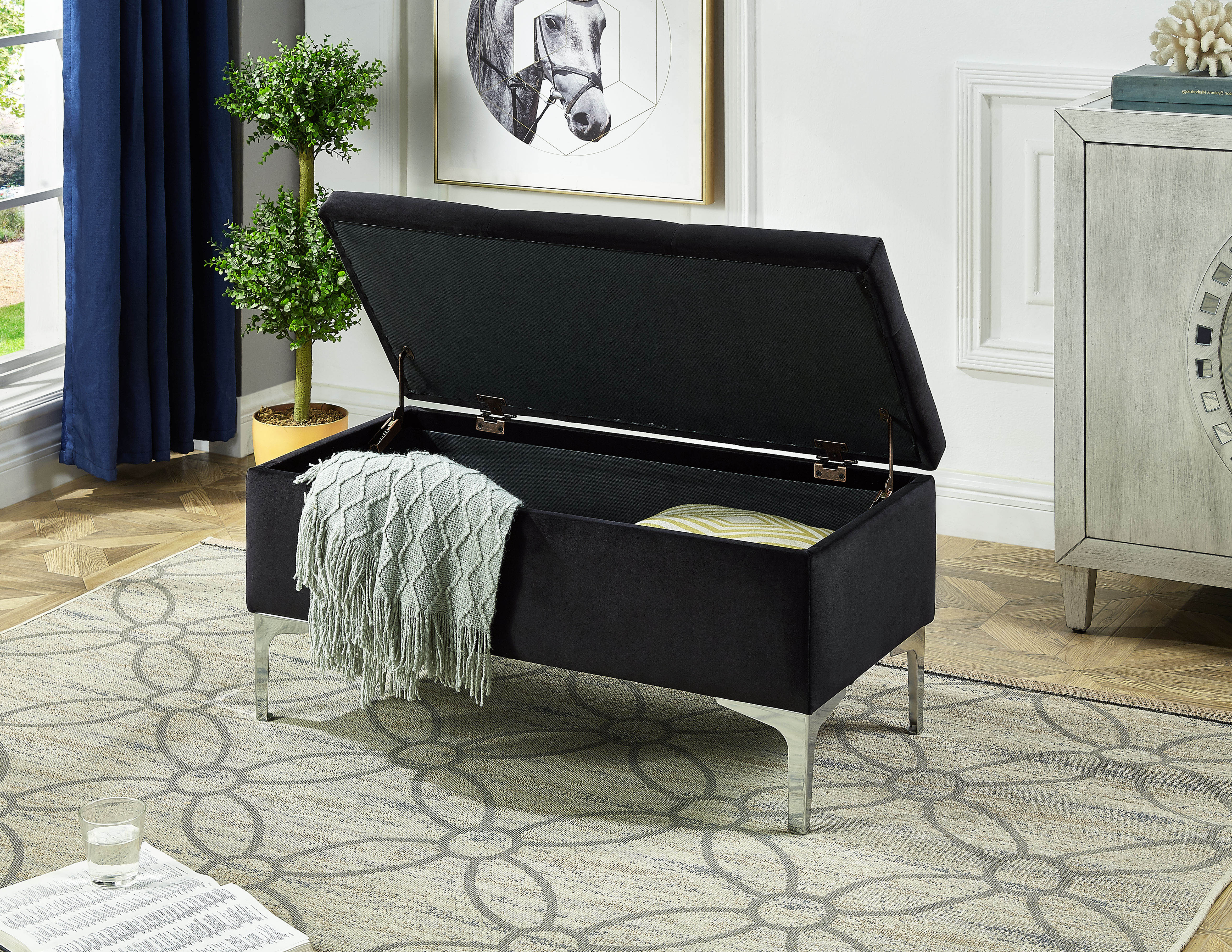 Black Tufted Storage Bench with Chrome Legs – IF-6256