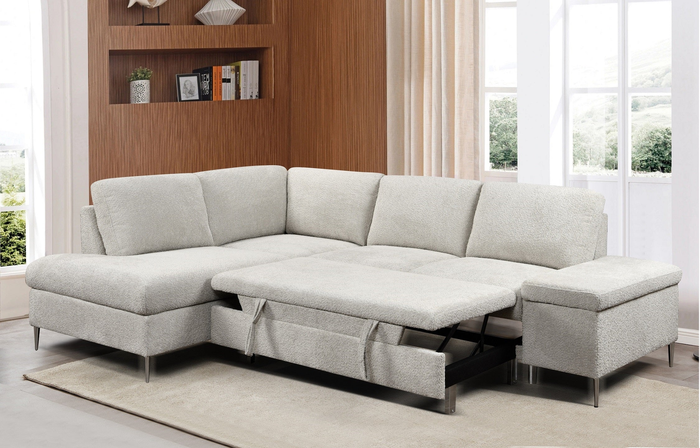 Ivory Boucle Sleeper Sectional with Storage Chaise – IF-9023 LHF (Boucle Fab)