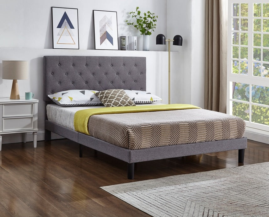 Grey Tufted Platform Bed with Nailhead Trim – IF-5383