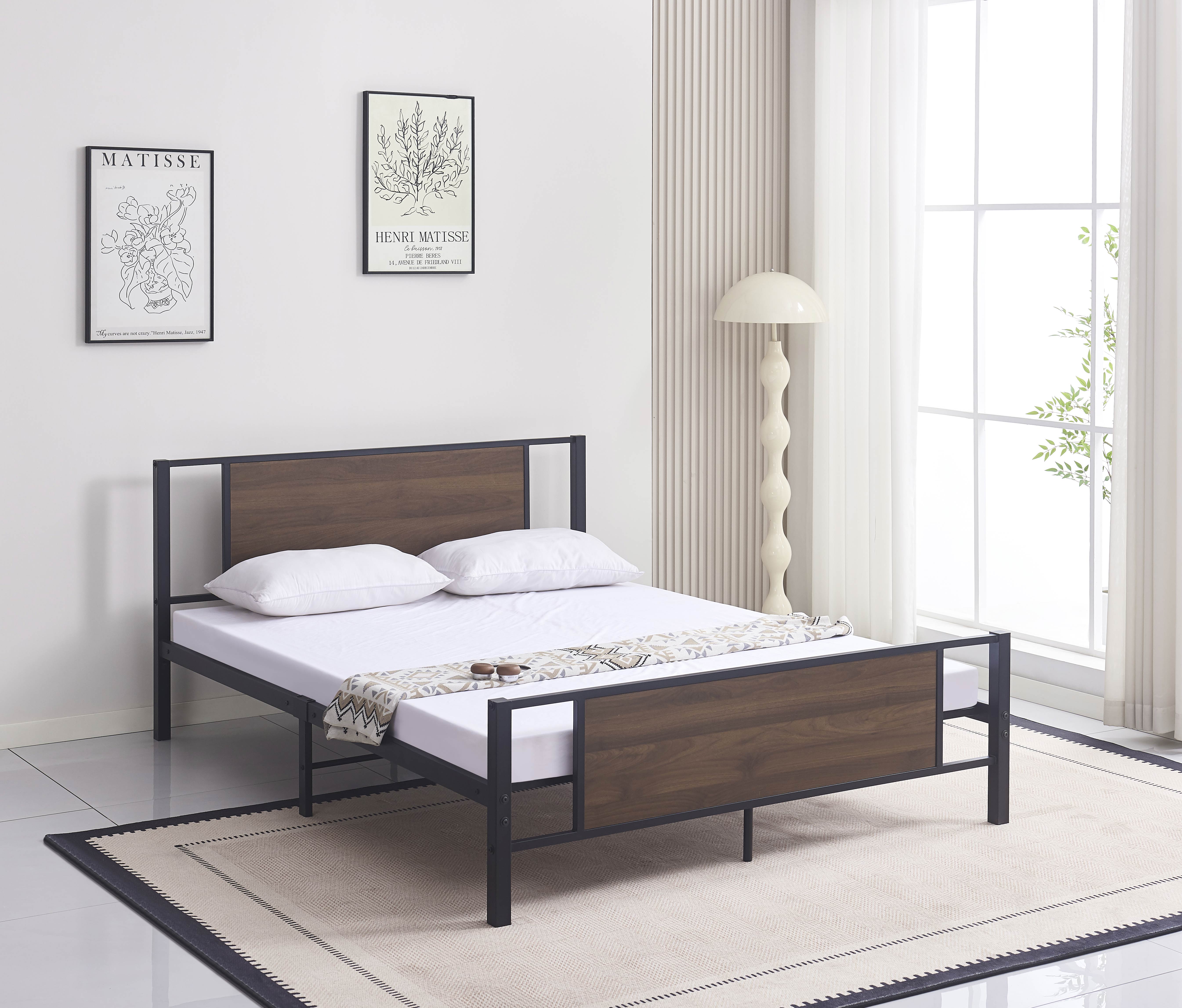 Black Steel Bed Frame with Wood Panel Accents – IF-5275