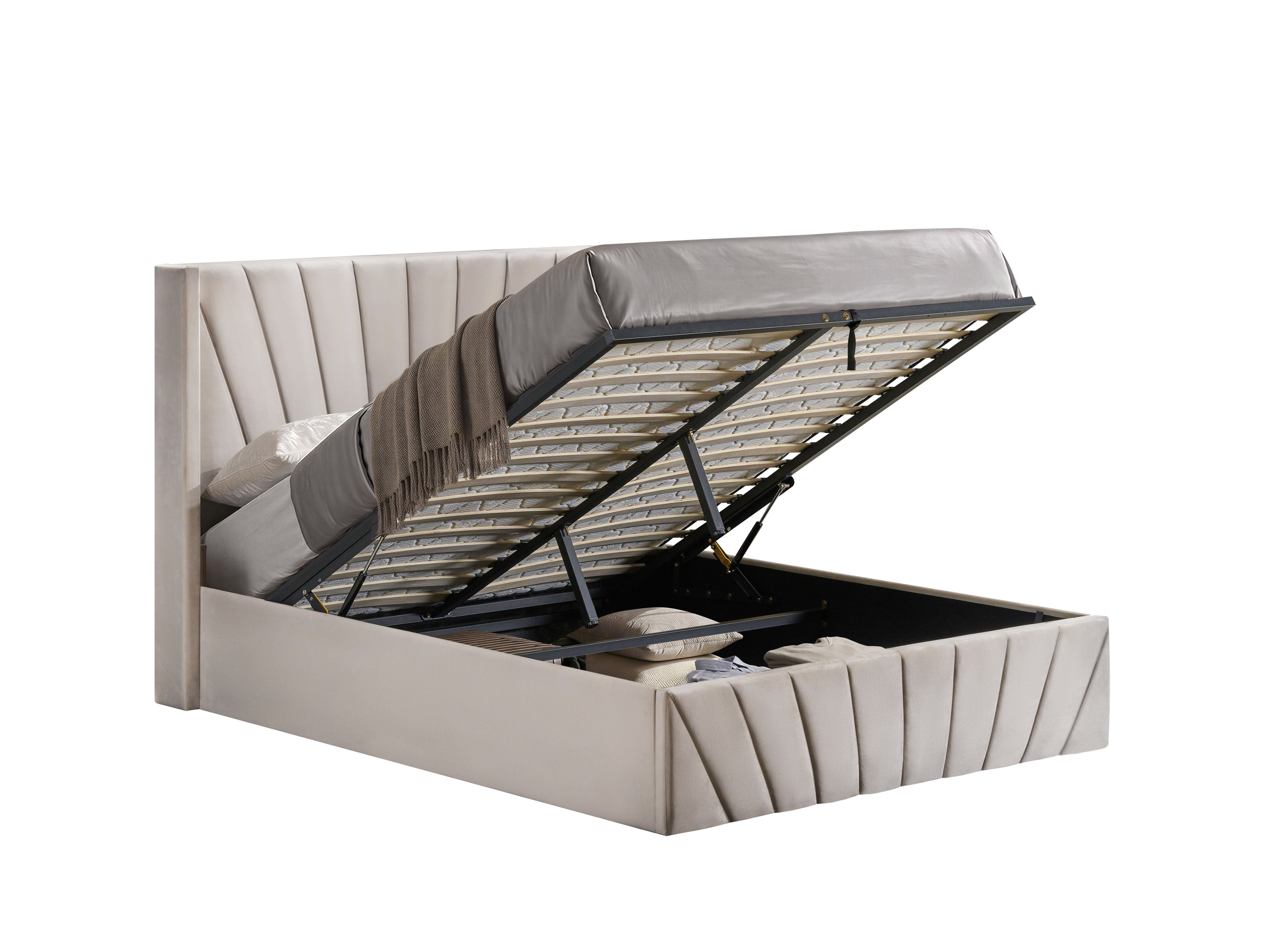 Beige Channel-Tufted Storage Bed with Hydraulic Lift – IF-5872