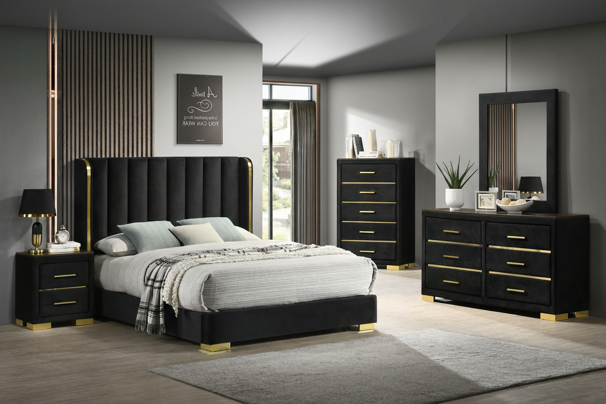 Madison Black Wingback Bedroom Set with Gold Accents – Madison/100