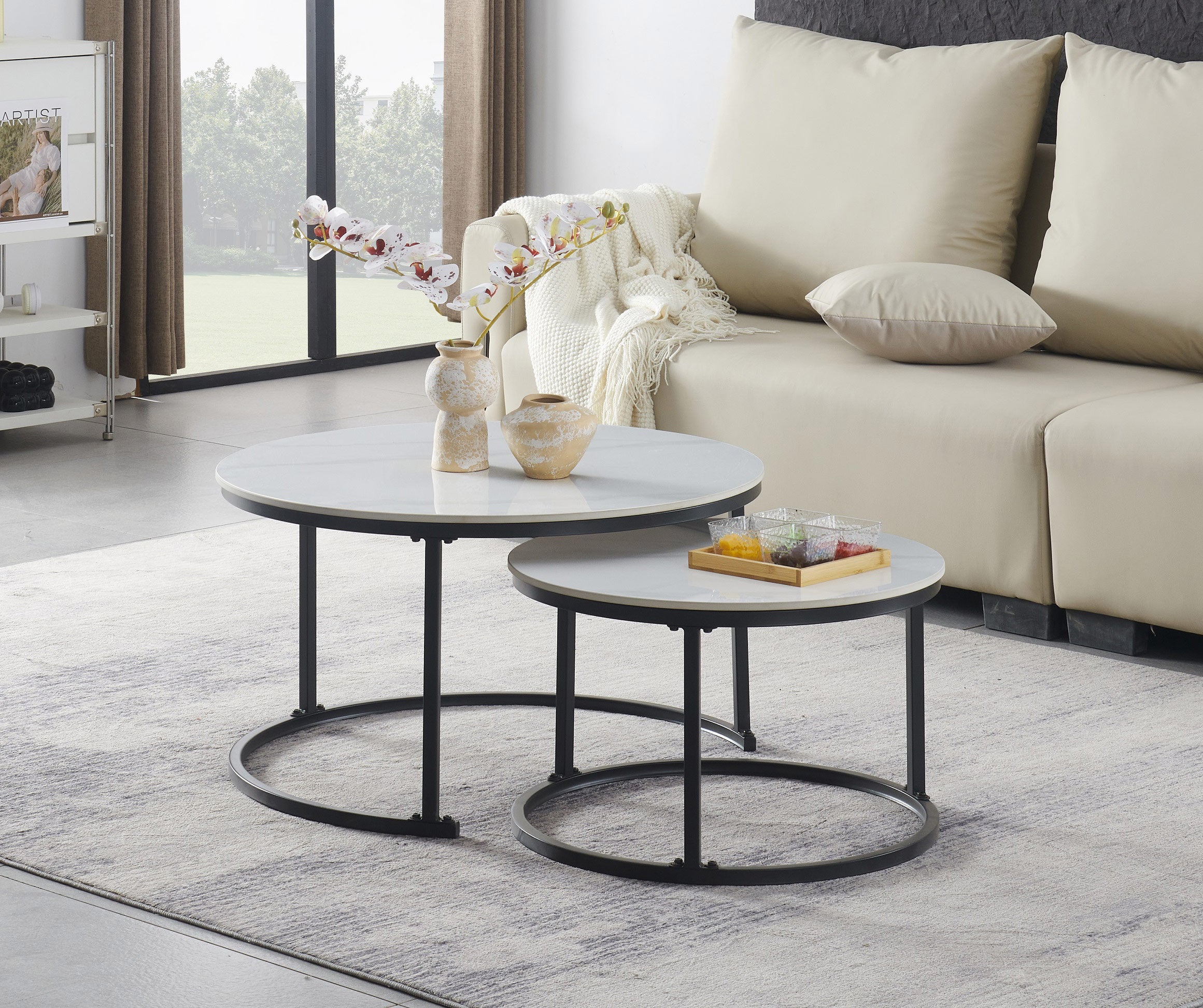 Sintered Stone Snowy White Marble Top With Black Steel Base Coffee / Side Table – IF-2630