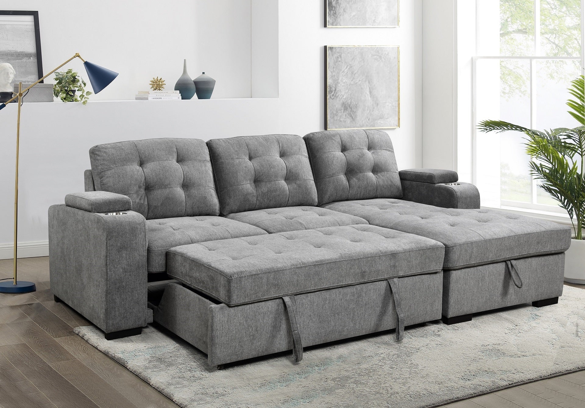 Grey Tufted Sectional Sofa with Storage Chaise – IF-9051 RHF
