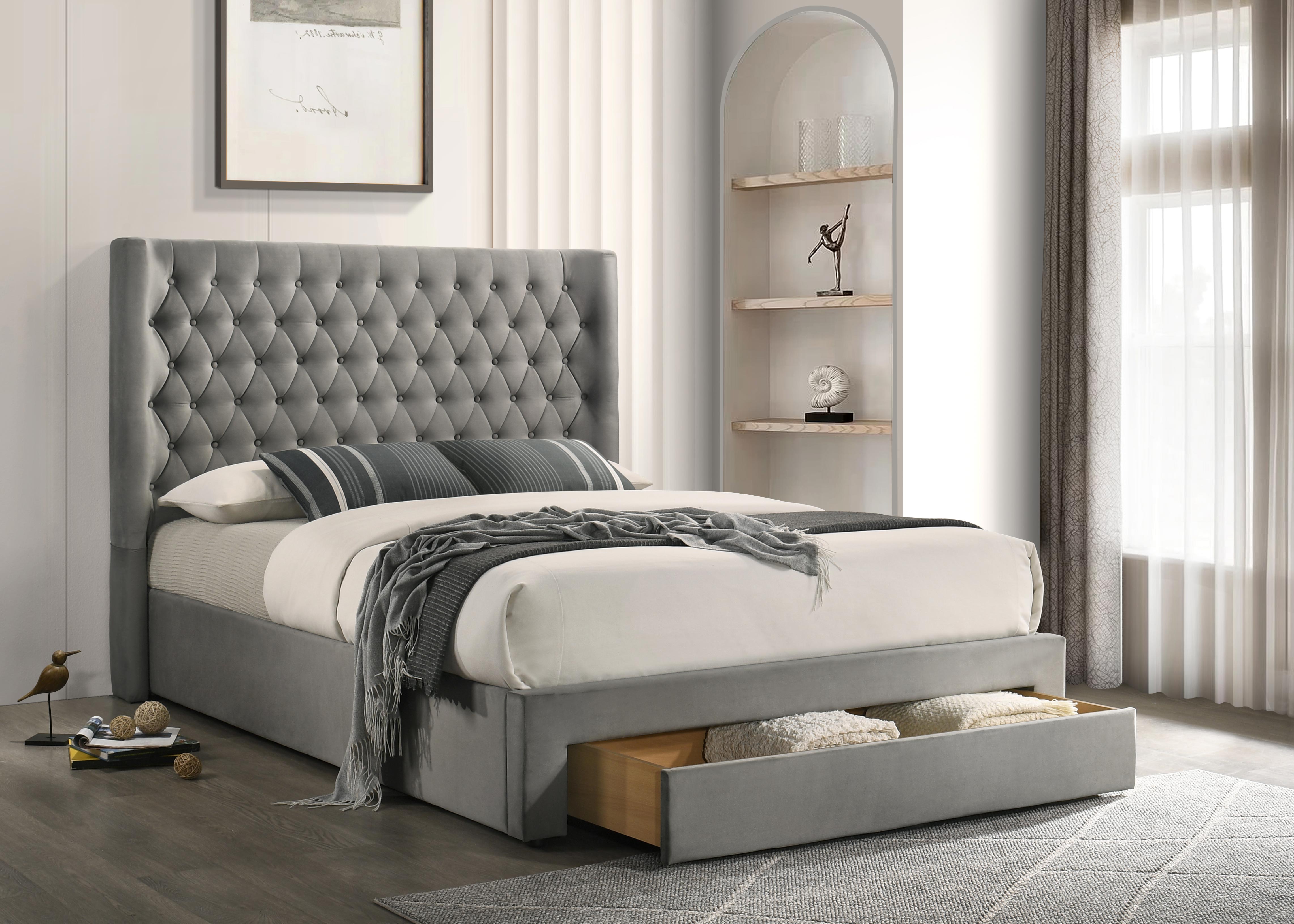 Grey Tufted Storage Bed with Footboard Drawers – IF-5761