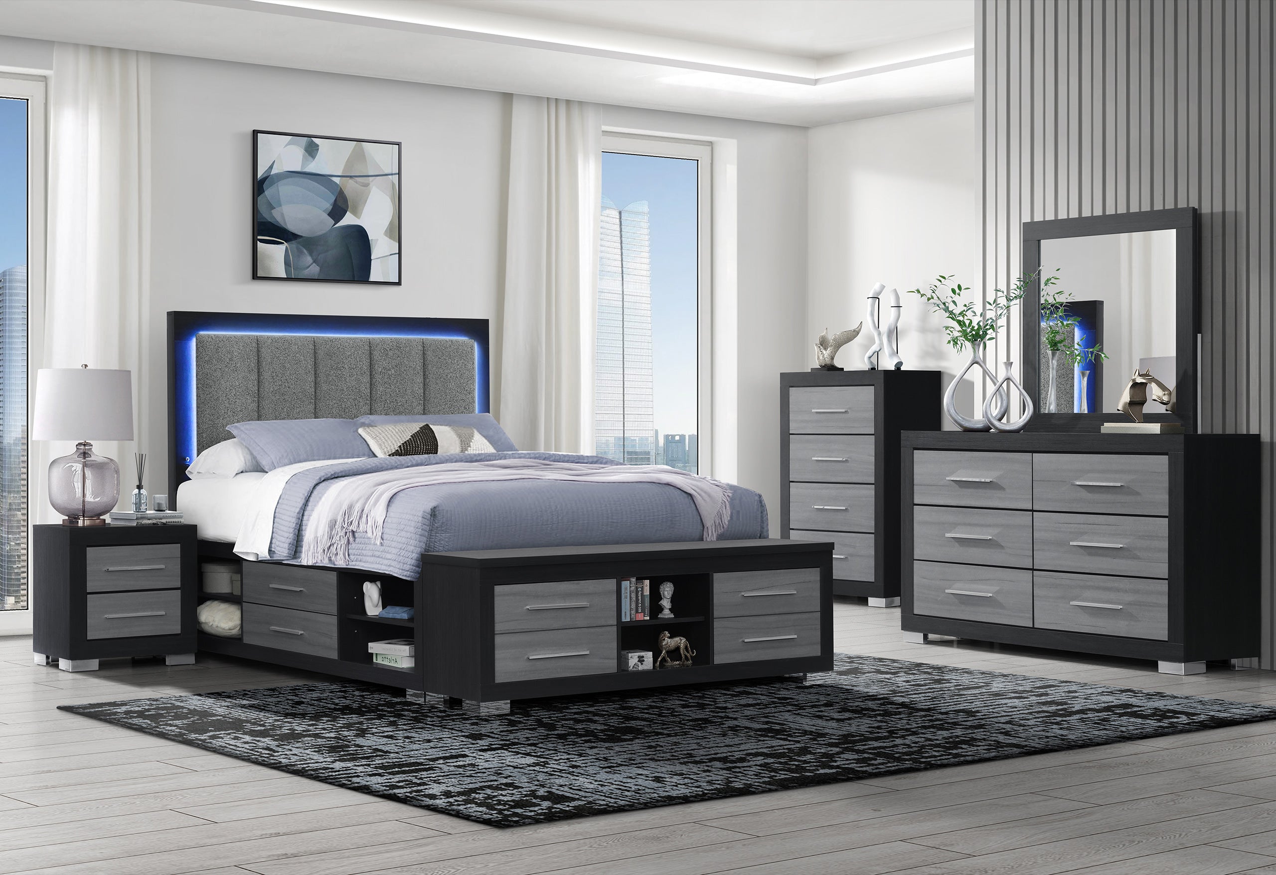 Platform Bed (No Box Required) Bedroom Set – Emma (Black-Grey)