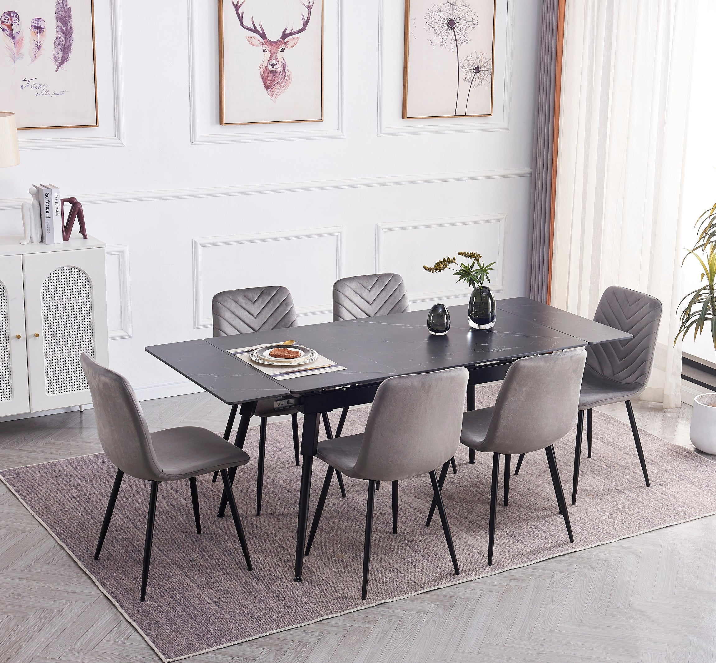 Extension Table: Sintered Stone Black Marble Top With Black Steel Legs Dinette Set – T-1817 C-1817