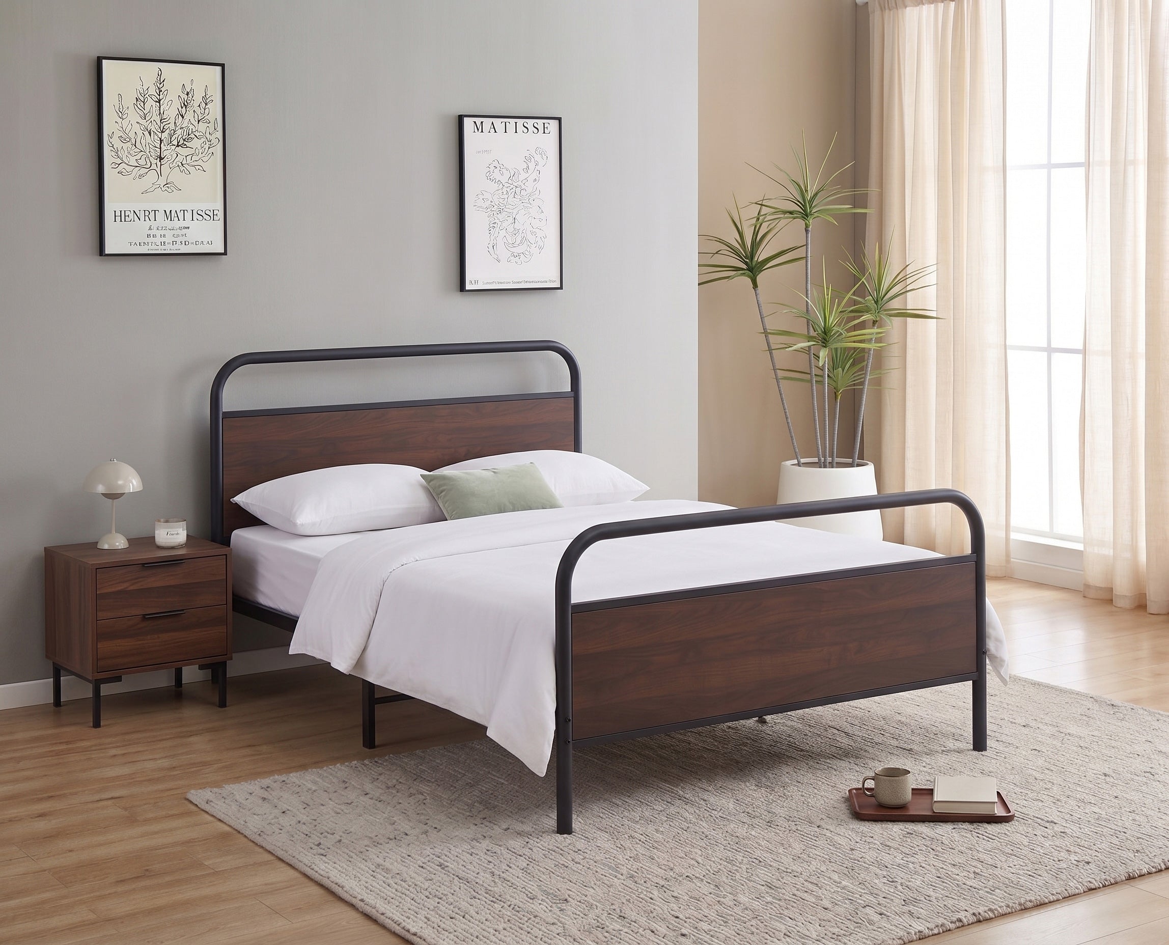 Black Steel Bed Frame with Wood Panel Accents – IF-5255