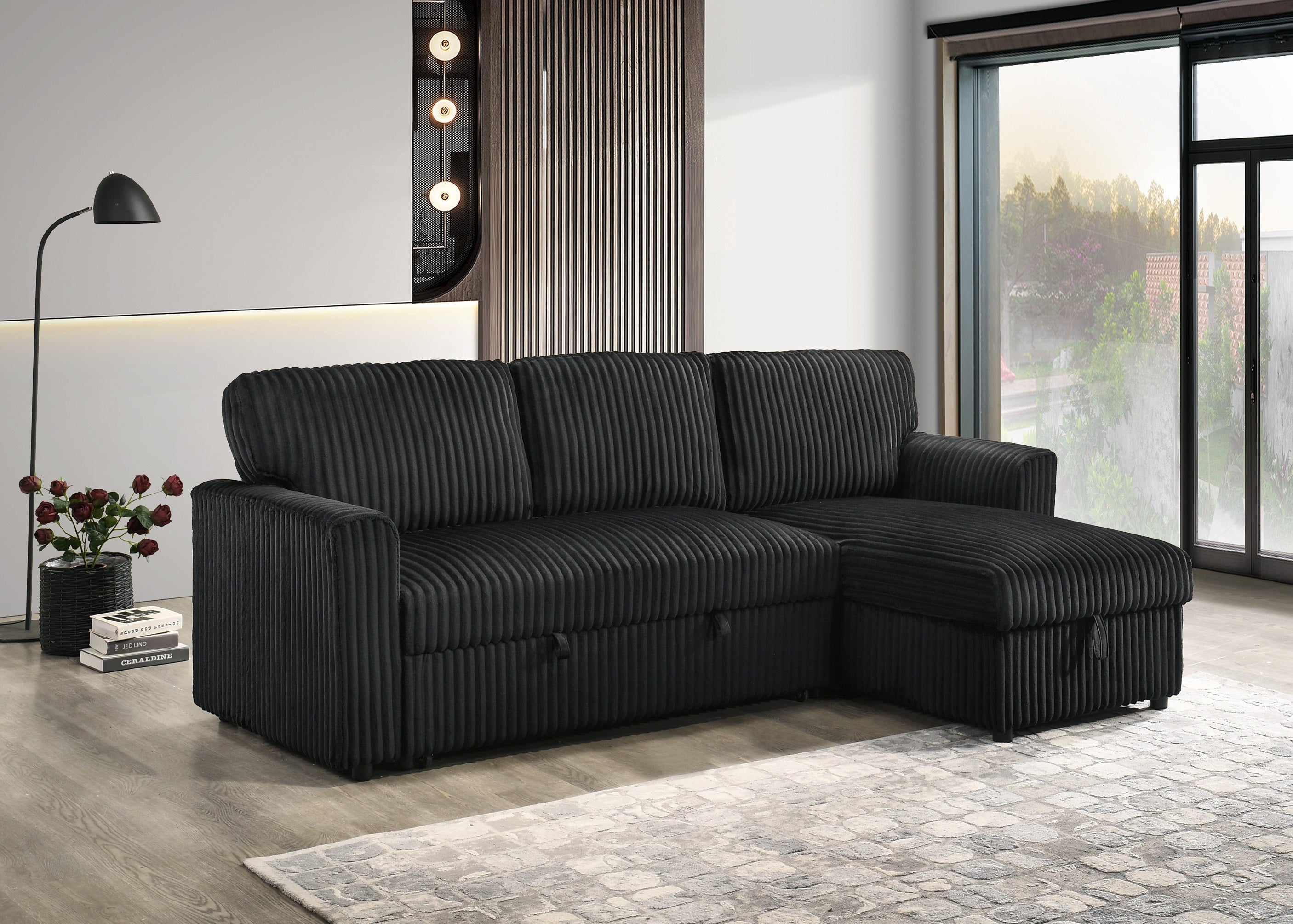Black Corduroy Sleeper Sectional with Storage Chaise – IF-9024 W/Reversible Chaise