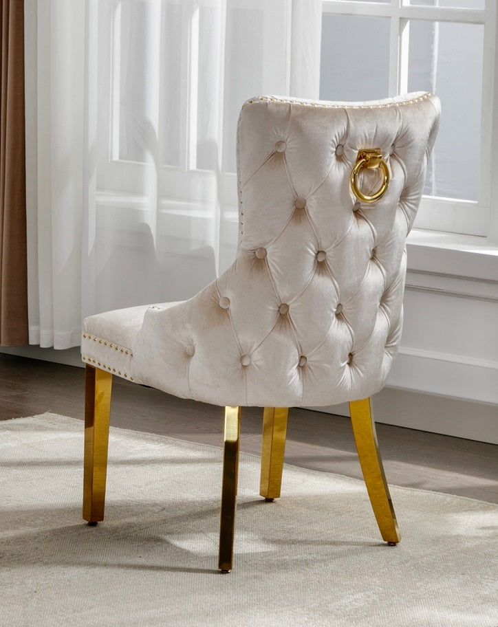 Champagne Beige Diamond-Tufted Velvet Dining Chair with Nailhead Trim – C-1285