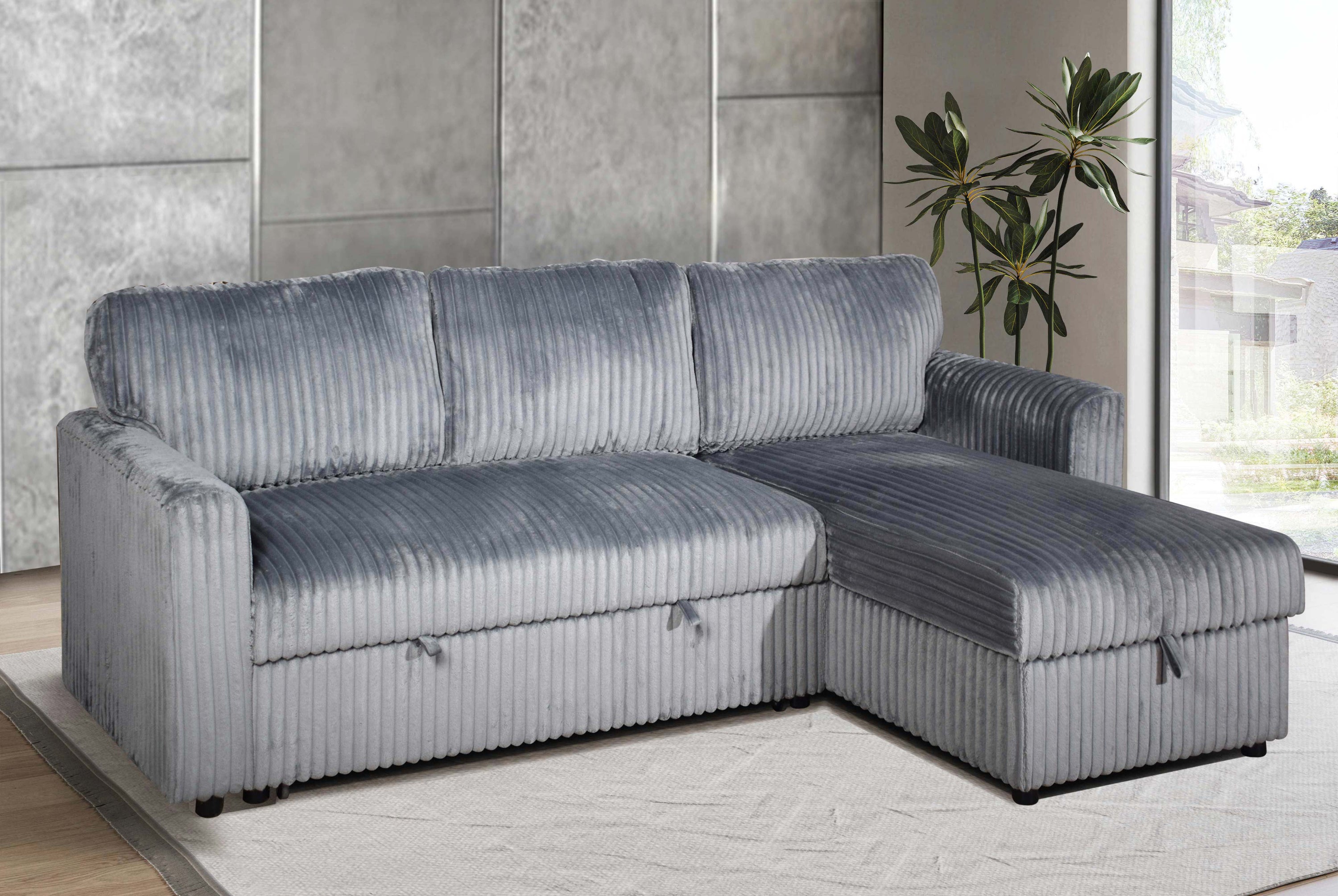Grey Corduroy Sleeper Sectional with Storage Chaise – IF-9025 W/Reversible Chaise