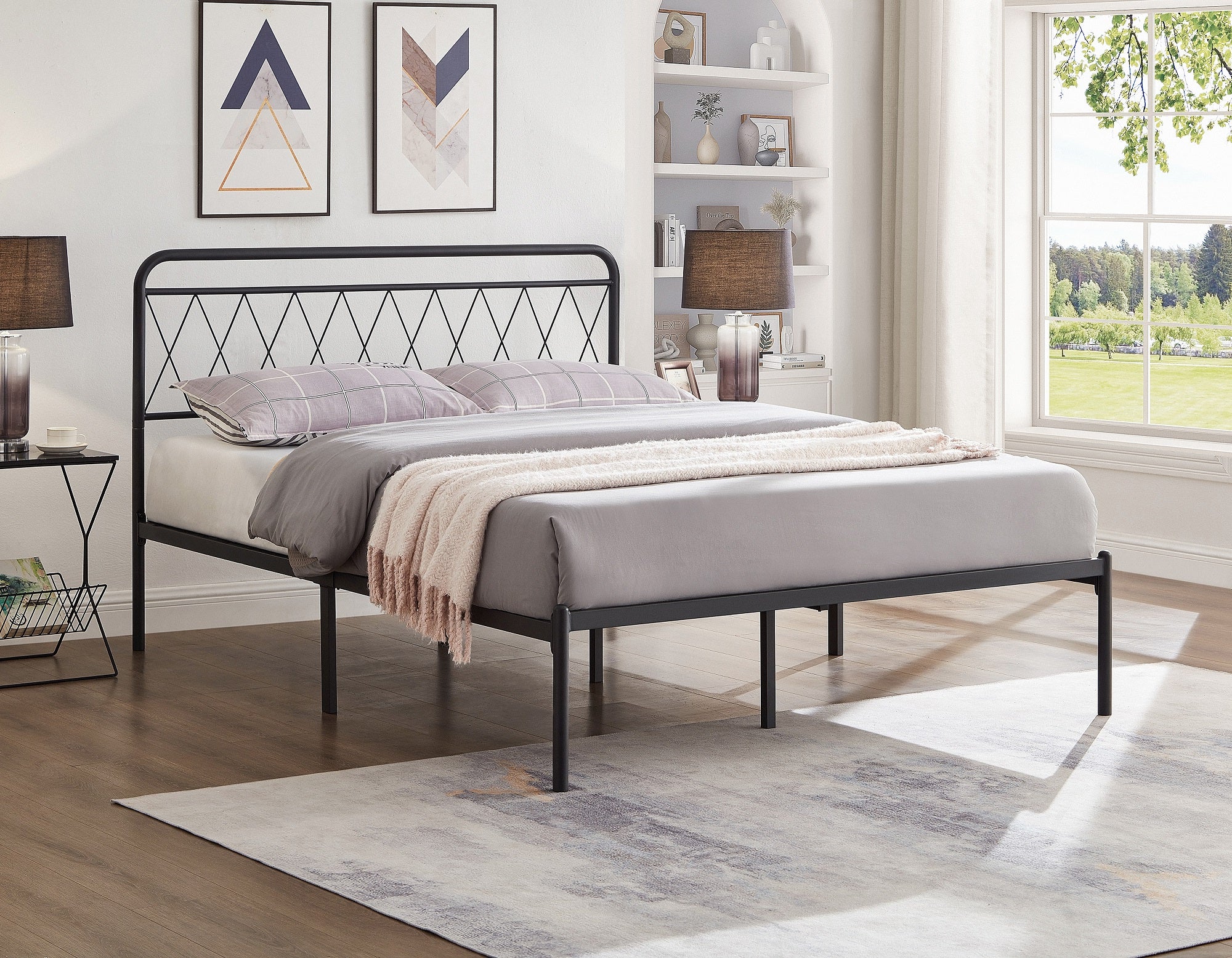 Black Metal Twin Bed Frame with Diamond Headboard Pattern – IF-152
