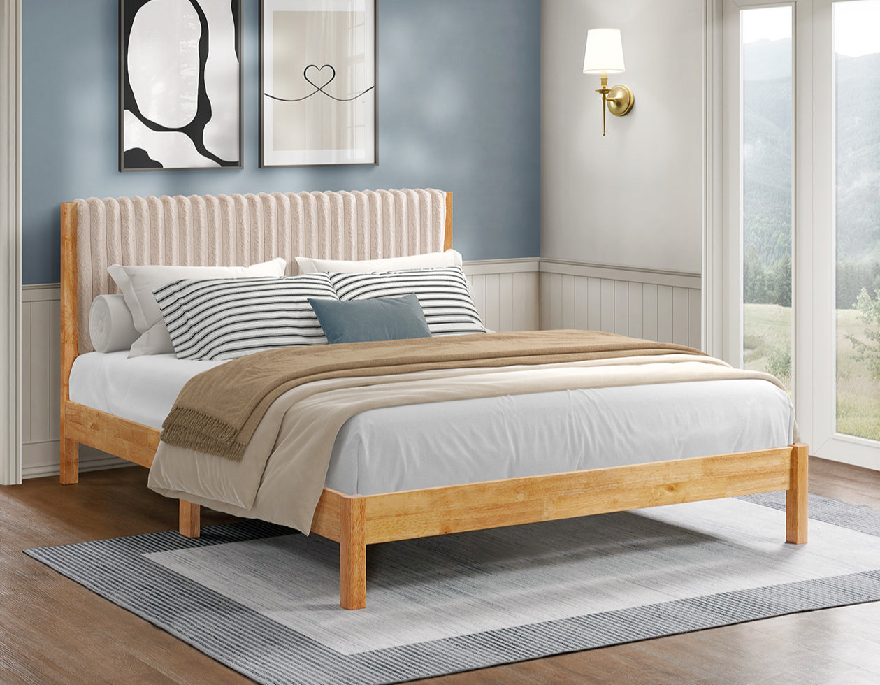 Natural Wood Platform Bed with Upholstered Headboard – IF-5598