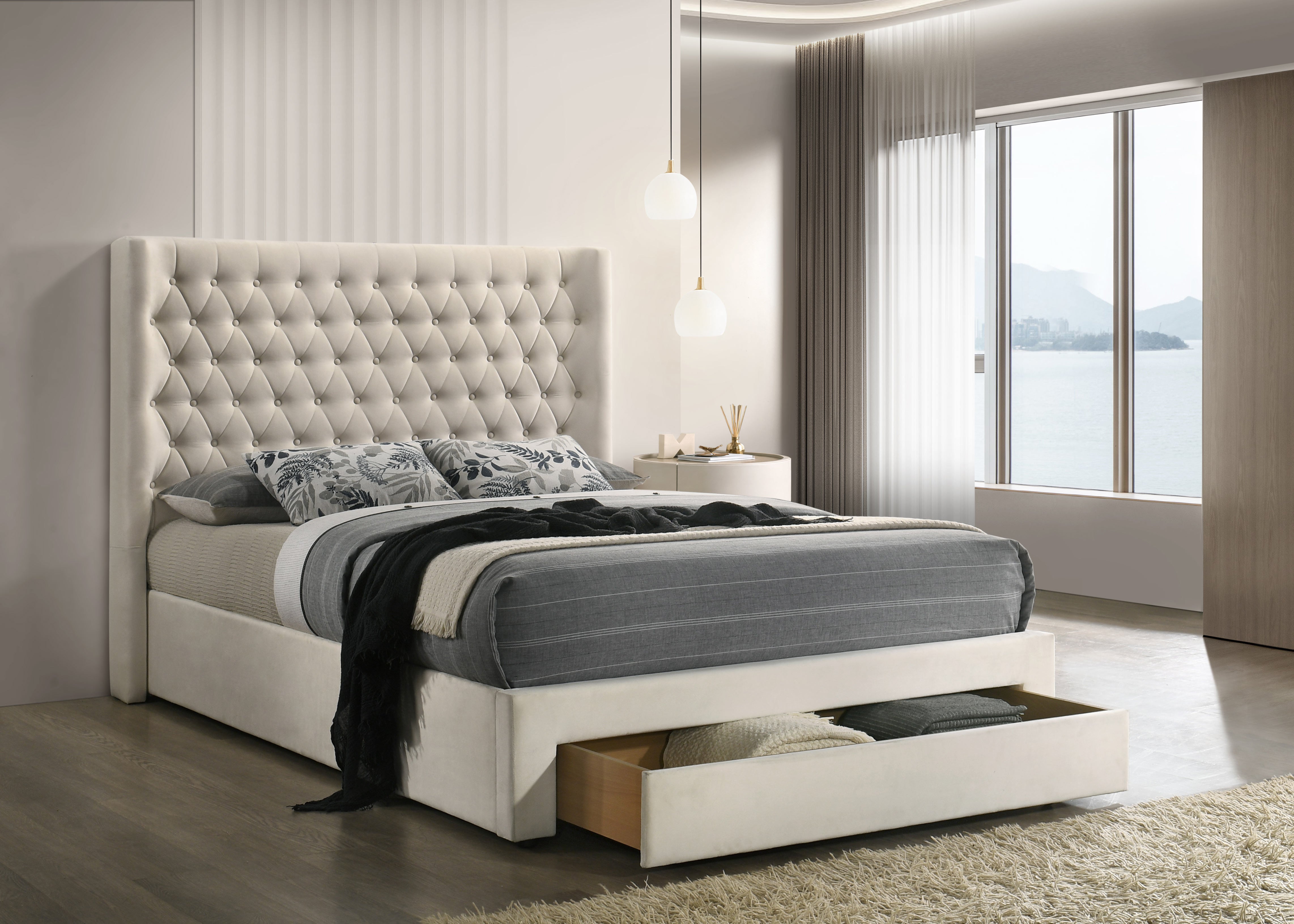 Ivory Tufted Storage Bed with Footboard Drawers – IF-5760