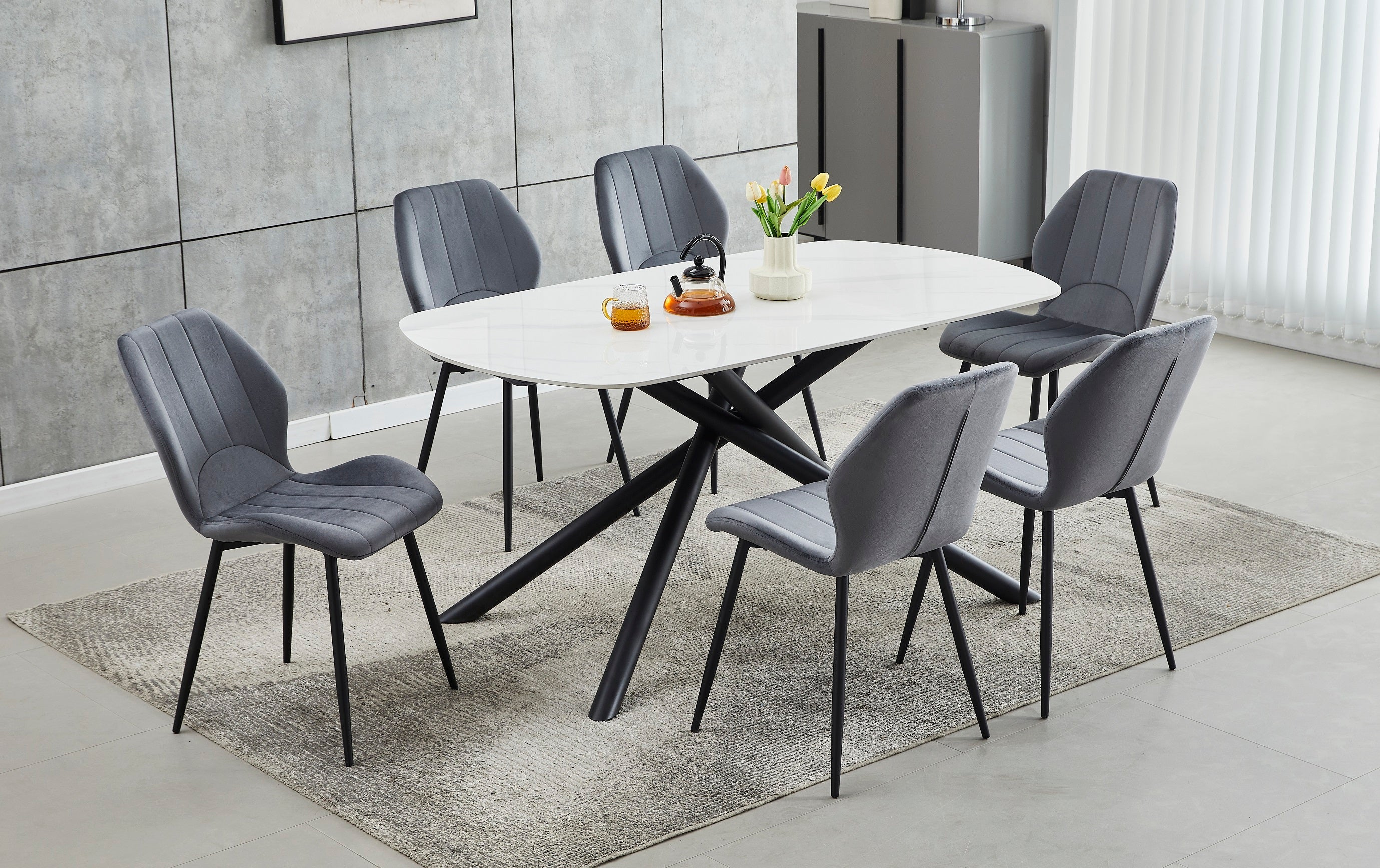 Table: Sintered Stone White Marble Top With Black Steel Legs Dinette Set – T-1530 C-1536