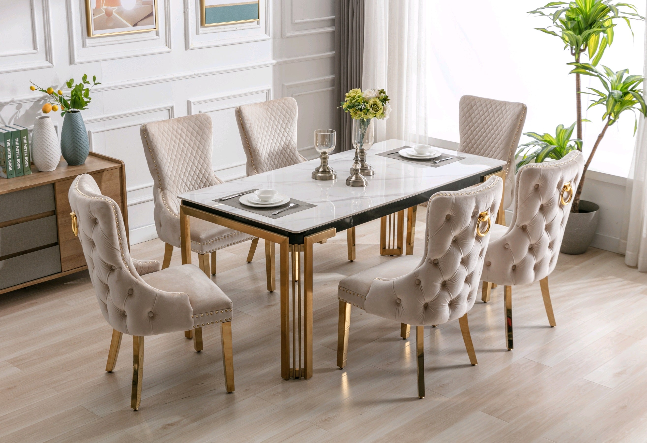 Table: Ceramic Marble Top With Stainless Gold Legs Dinette Set – T-1275 C-1285